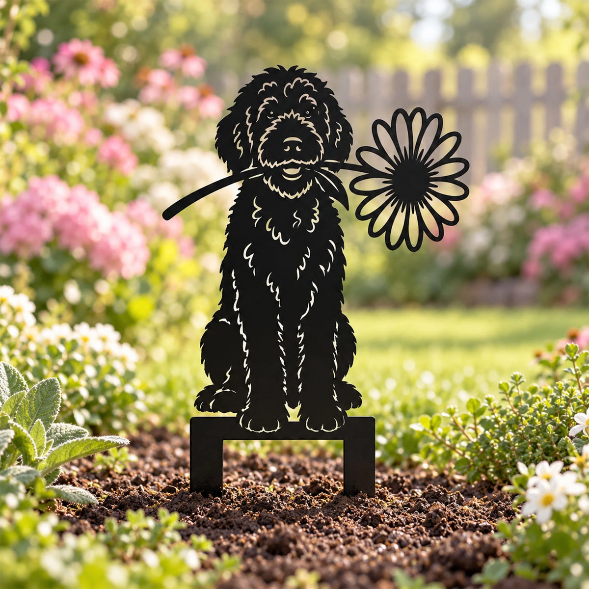 Custom Goldendoodle Metal Garden Stake, Puppy Flower Yard Memorial Decor