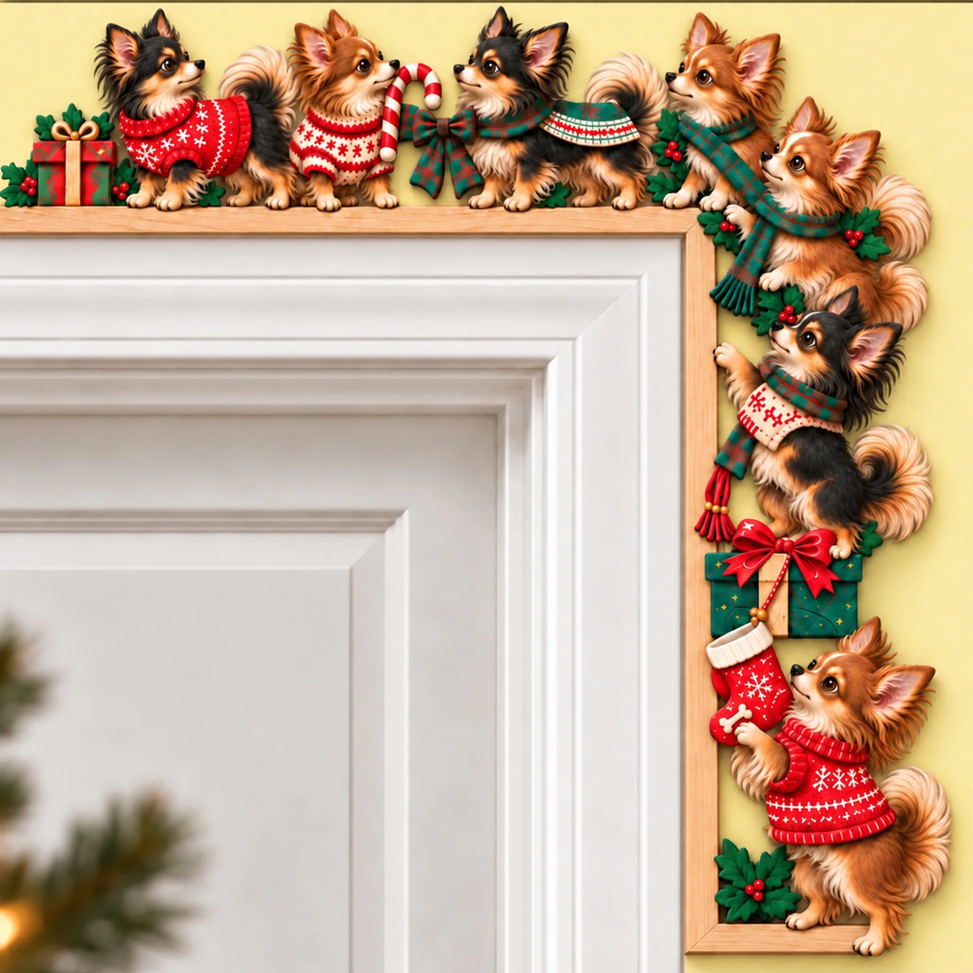 Long Haired Chihuahua Christmas Door Topper, Festive Long Hair Chihuahua Dog Door Frame Decor