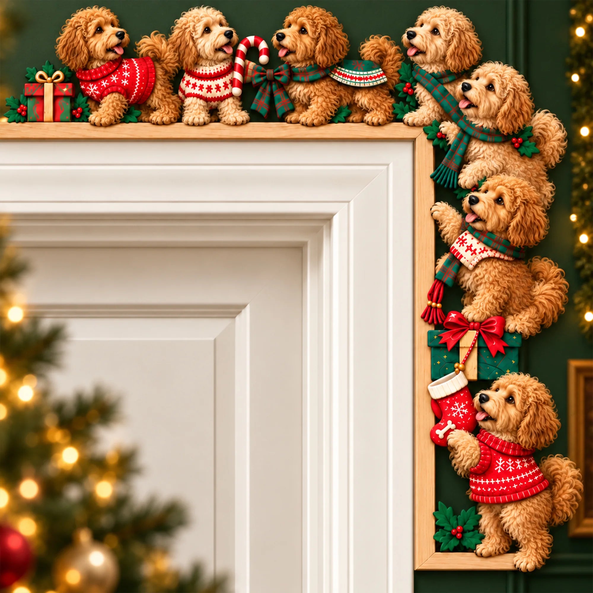 Goldendoodle Christmas Door Topper, Festive Dog Door Frame Decor