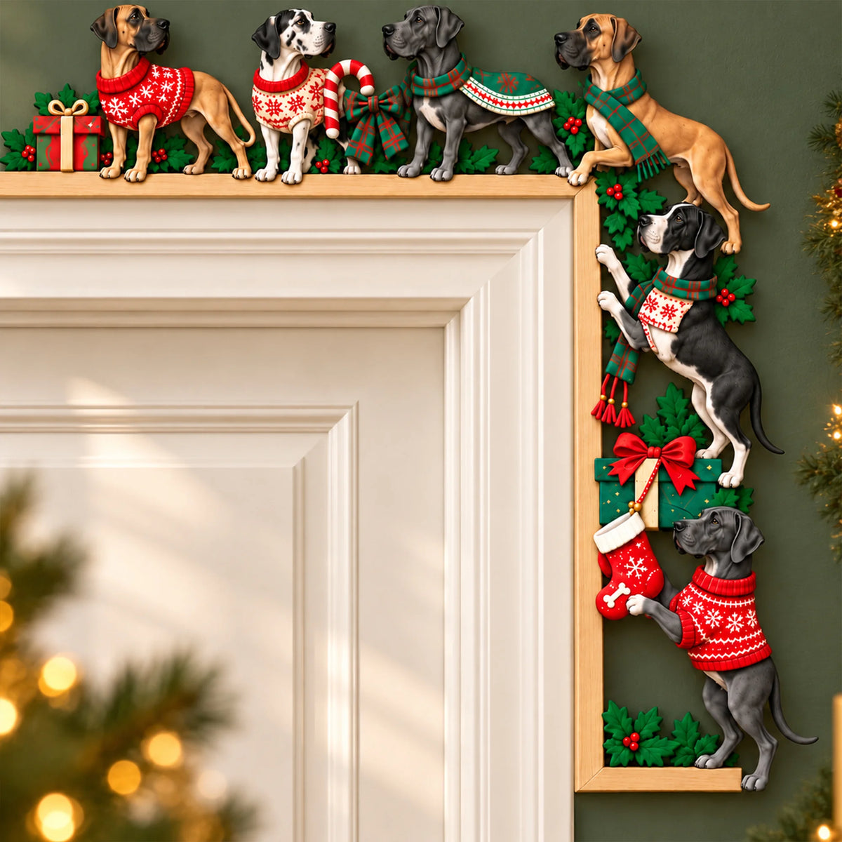Great Dane Christmas Door Topper, Festive Wiener Dog Door Frame Decor