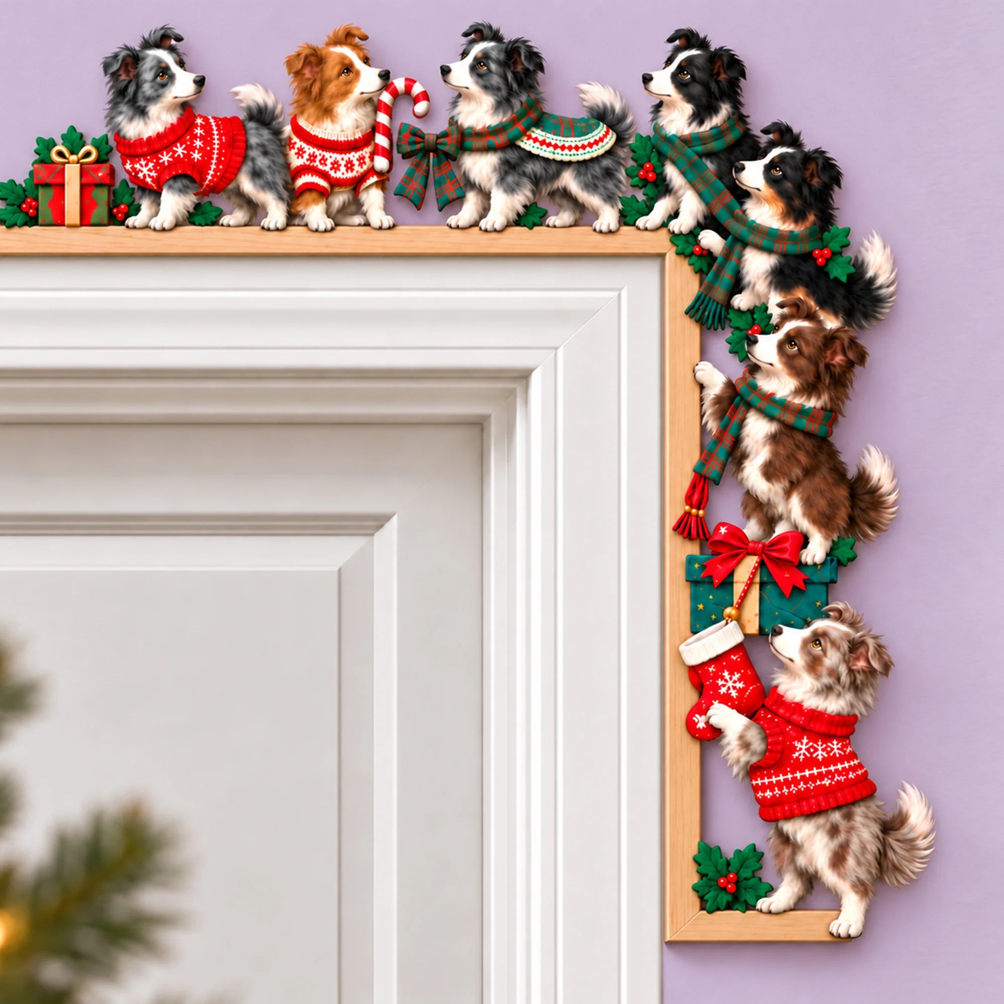 Border Collies Christmas Door Topper, Festive Dog Door Frame Decor