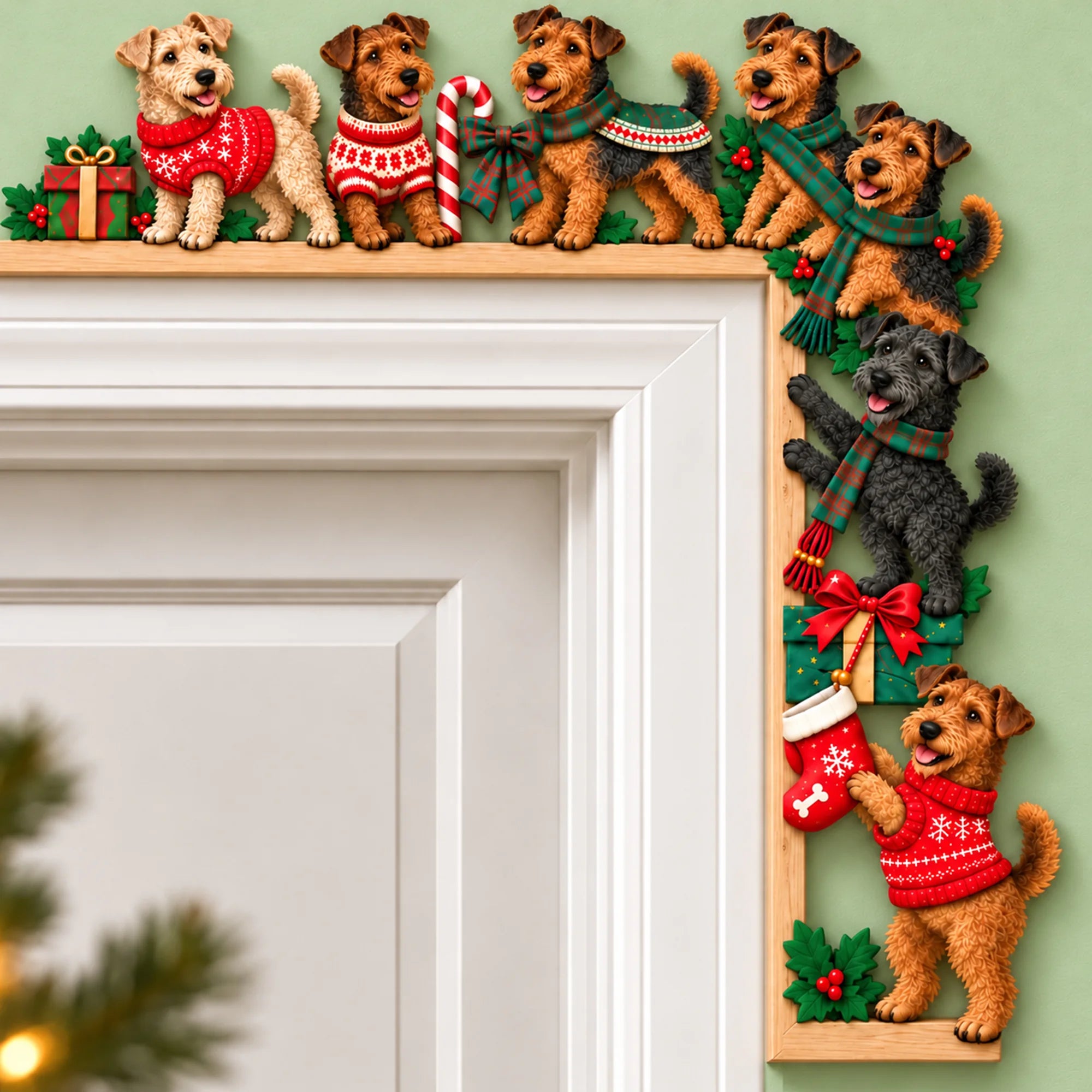 Airedale Terrier Christmas Door Topper, Festive Dog Door Frame Decor