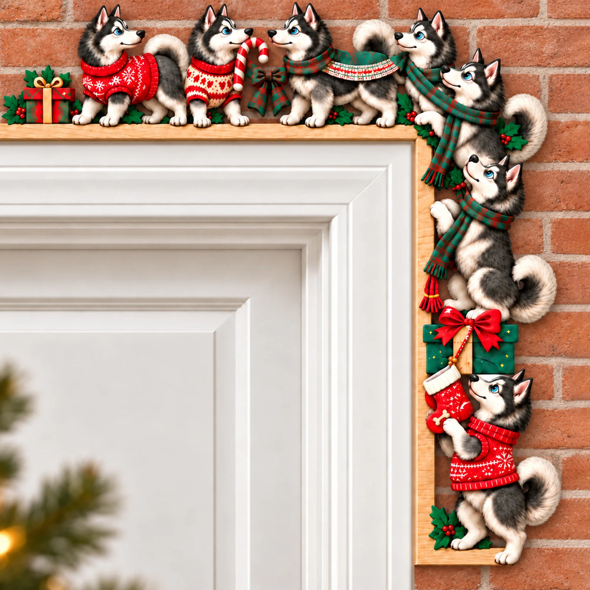 Husky Christmas Door Topper, Festive Dog Door Frame Decor