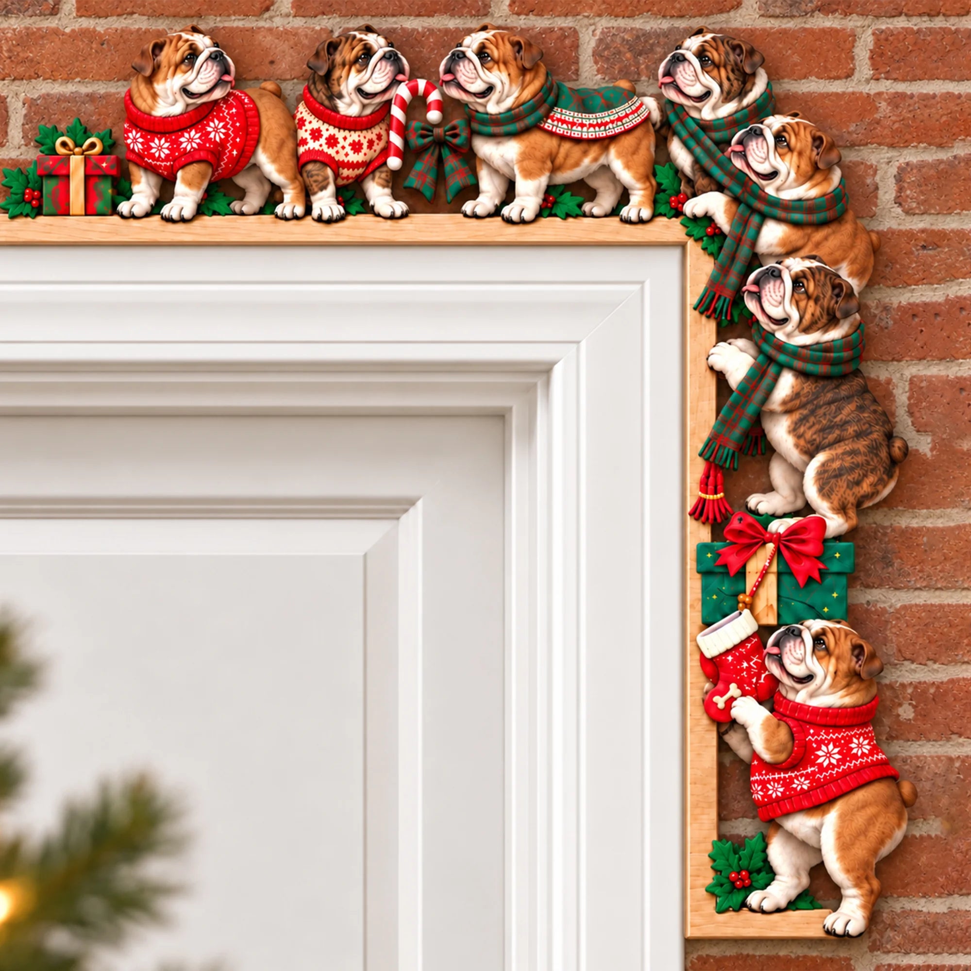 Bulldog Christmas Door Topper, Festive Dog Door Frame Decor