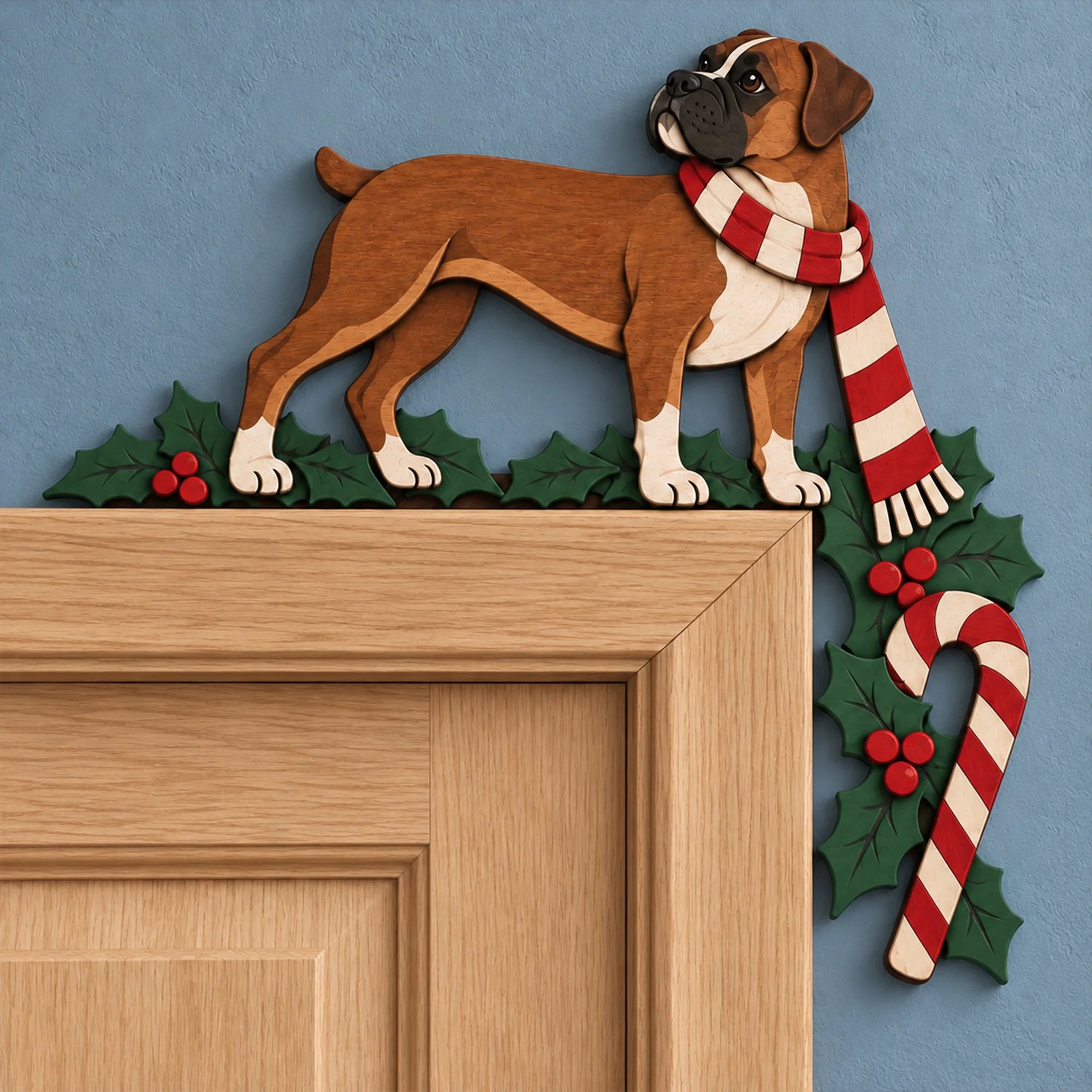 Christmas Boxer Wooden Door Topper, Layered Dog Corner Decor