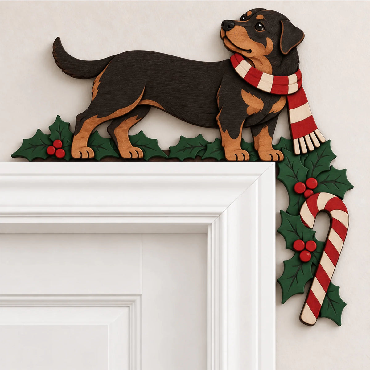Christmas Rottweiler Wooden Door Topper, Layered Dog Corner Decor