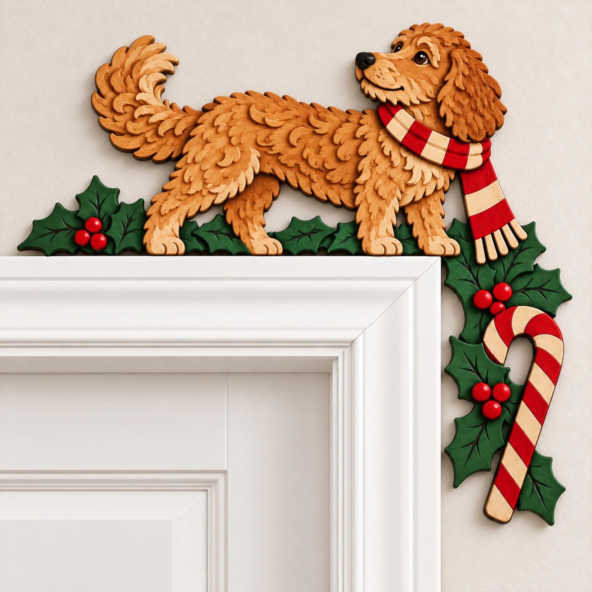 Christmas Goldendoodle  Wooden Door Topper, Layered Dog Corner Decor