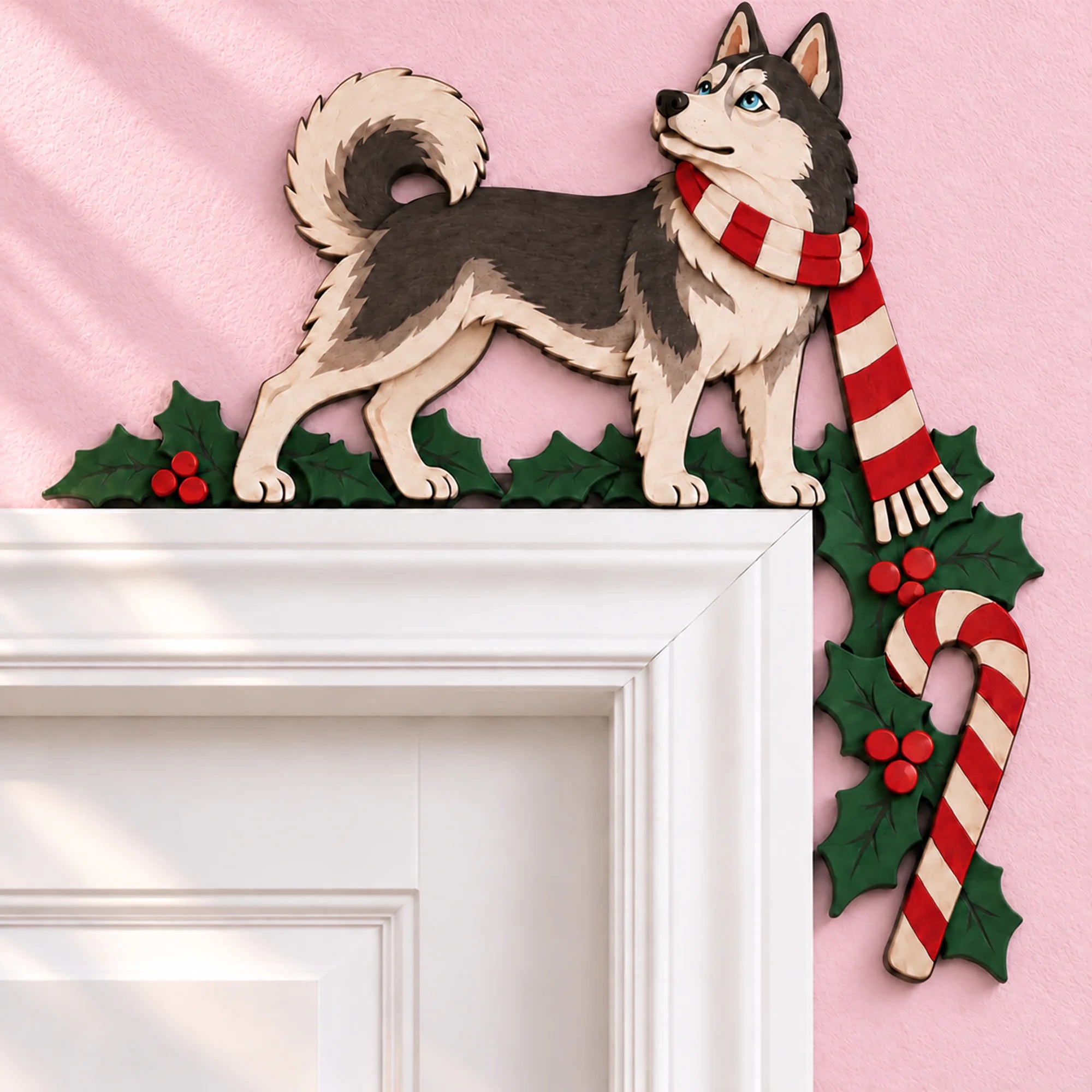 Christmas Husky Wooden Door Topper, Layered Dog Corner Decor