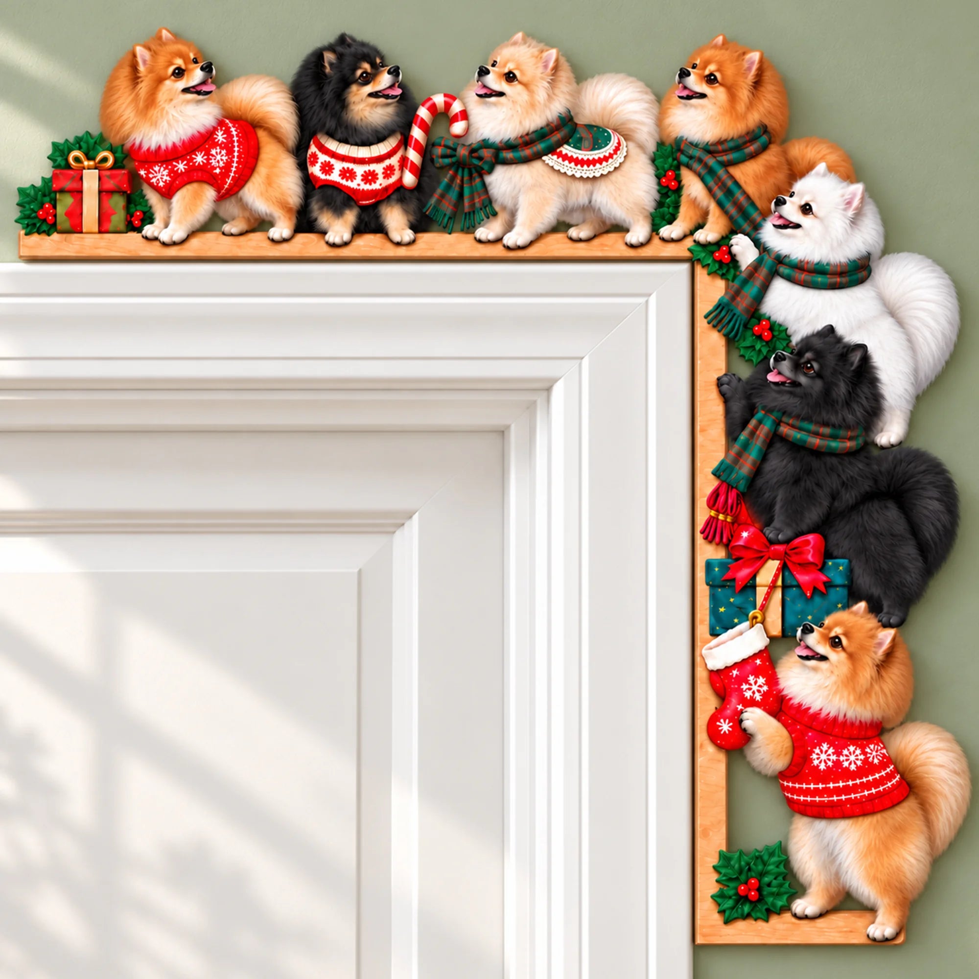 Pomeranian Christmas Door Topper, Festive Dog Door Frame Decor