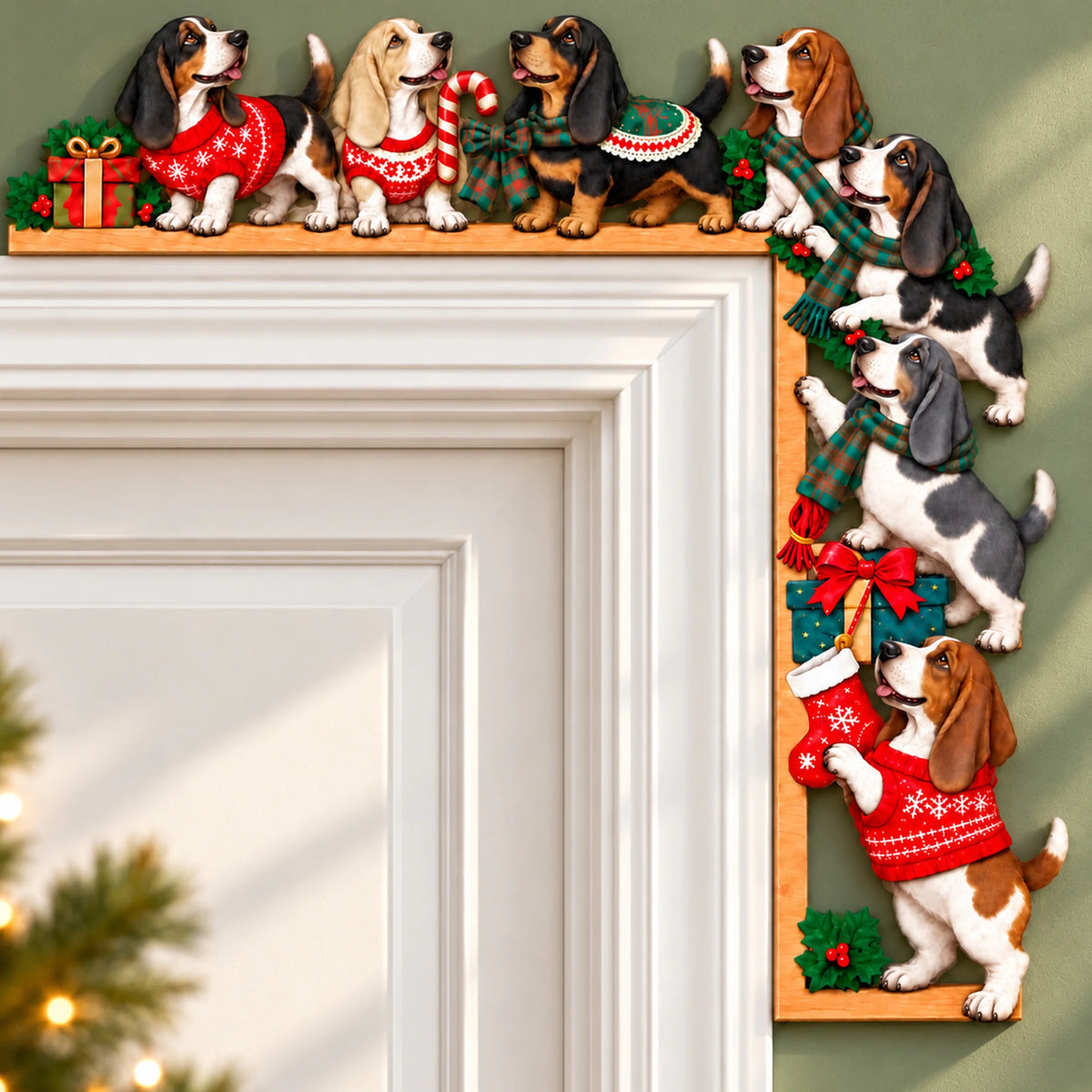Basset Hound Christmas Door Topper, Festive Dog Door Frame Decor