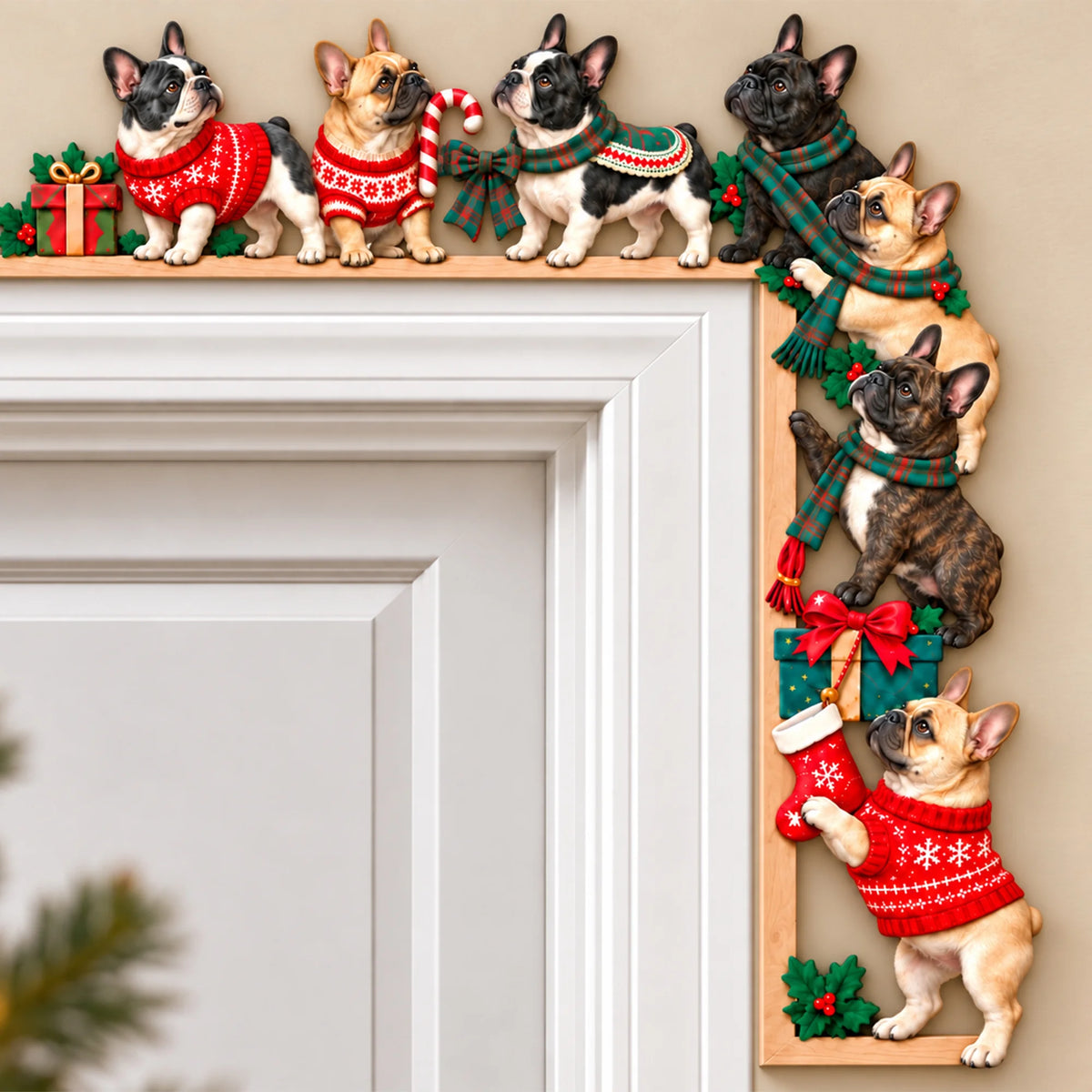Frenchie Christmas Door Topper, Festive Dog Door Frame Decor