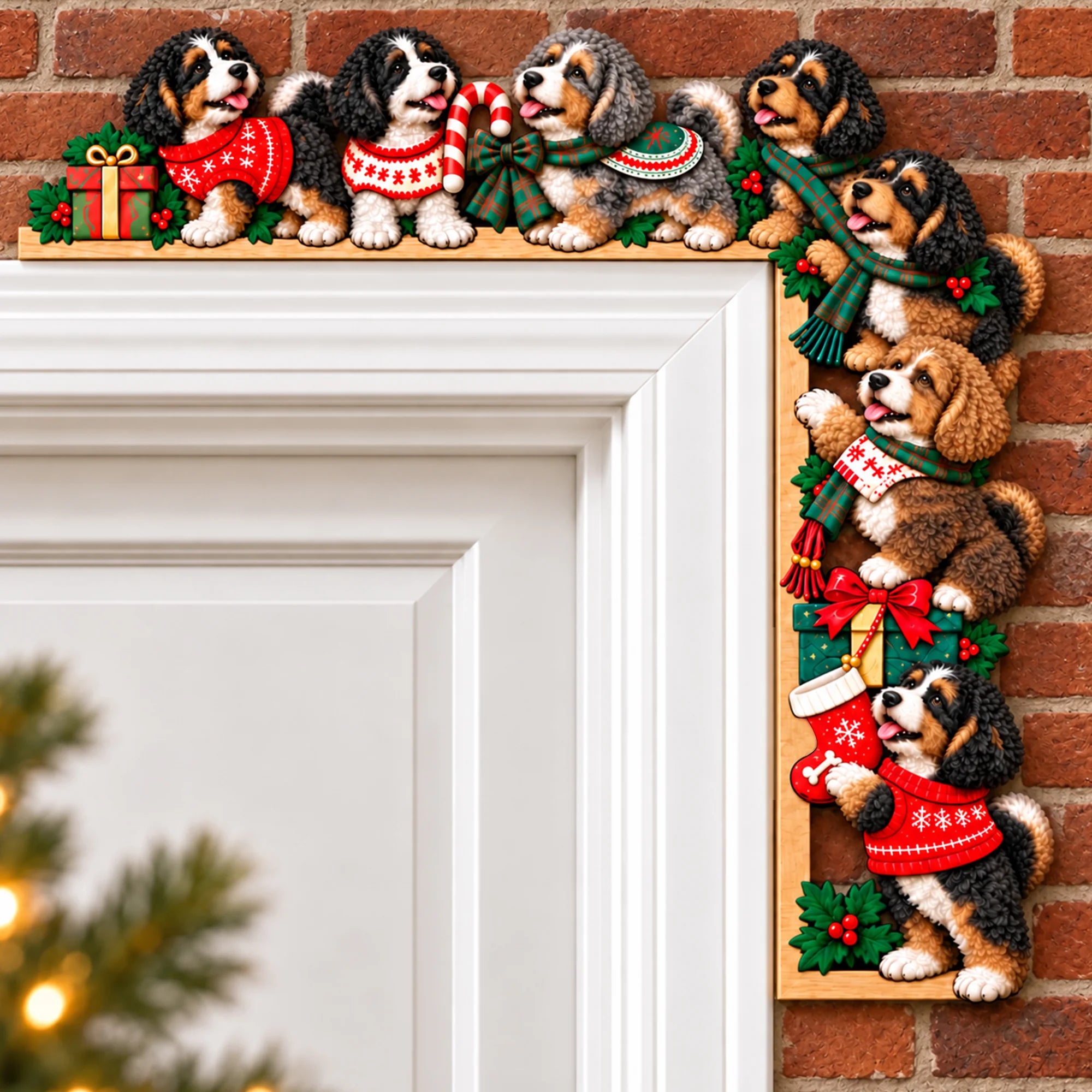 Bernedoodle Christmas Door Topper, Festive Dog Door Frame Decor