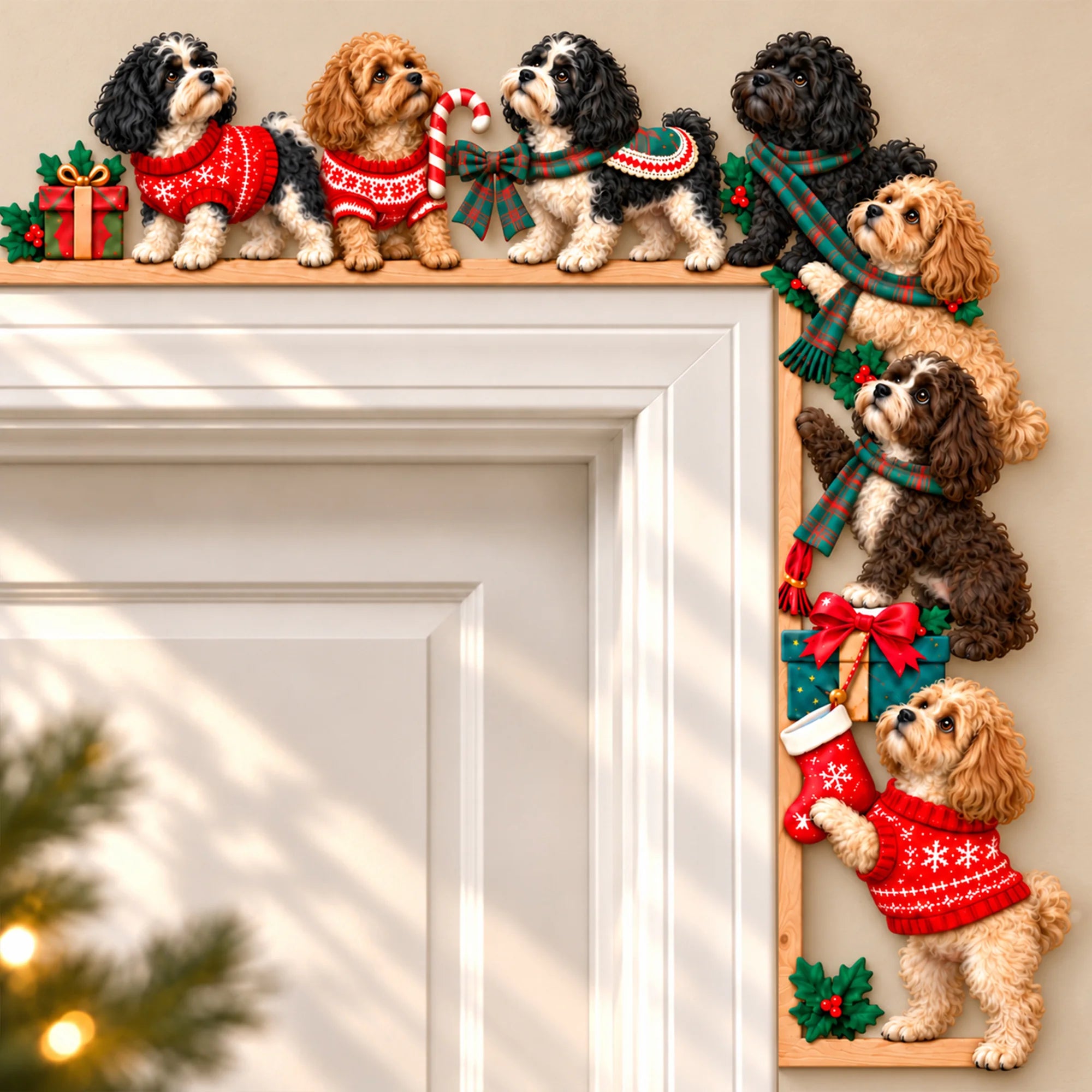 Cavapoo Christmas Door Topper, Festive Dog Door Frame Decor