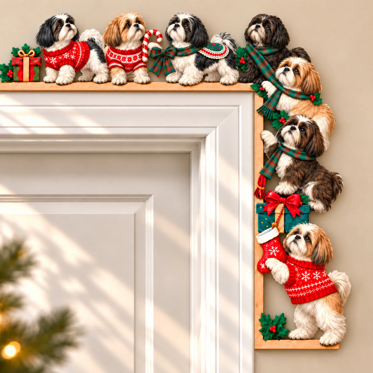 Shih Tzu Christmas Door Topper, Festive Dog Door Frame Decor