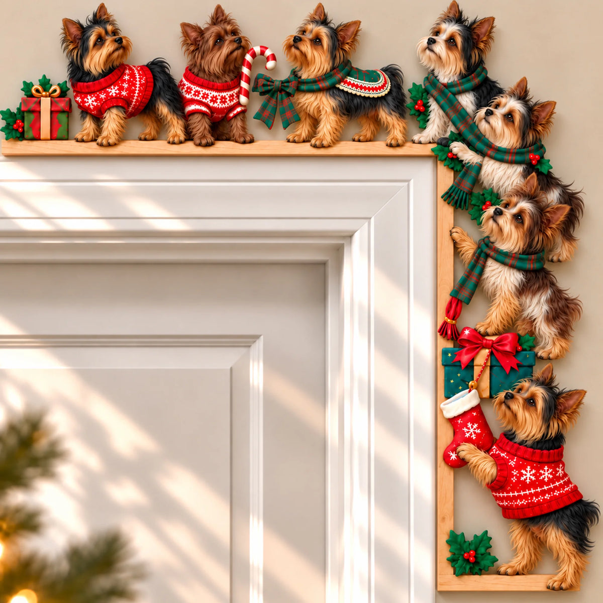 Yorkie Christmas Door Topper, Festive Dog Door Frame Decor