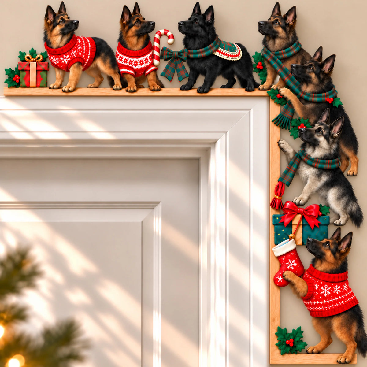 German Shepherd Christmas Door Topper, Festive Dog Door Frame Decor