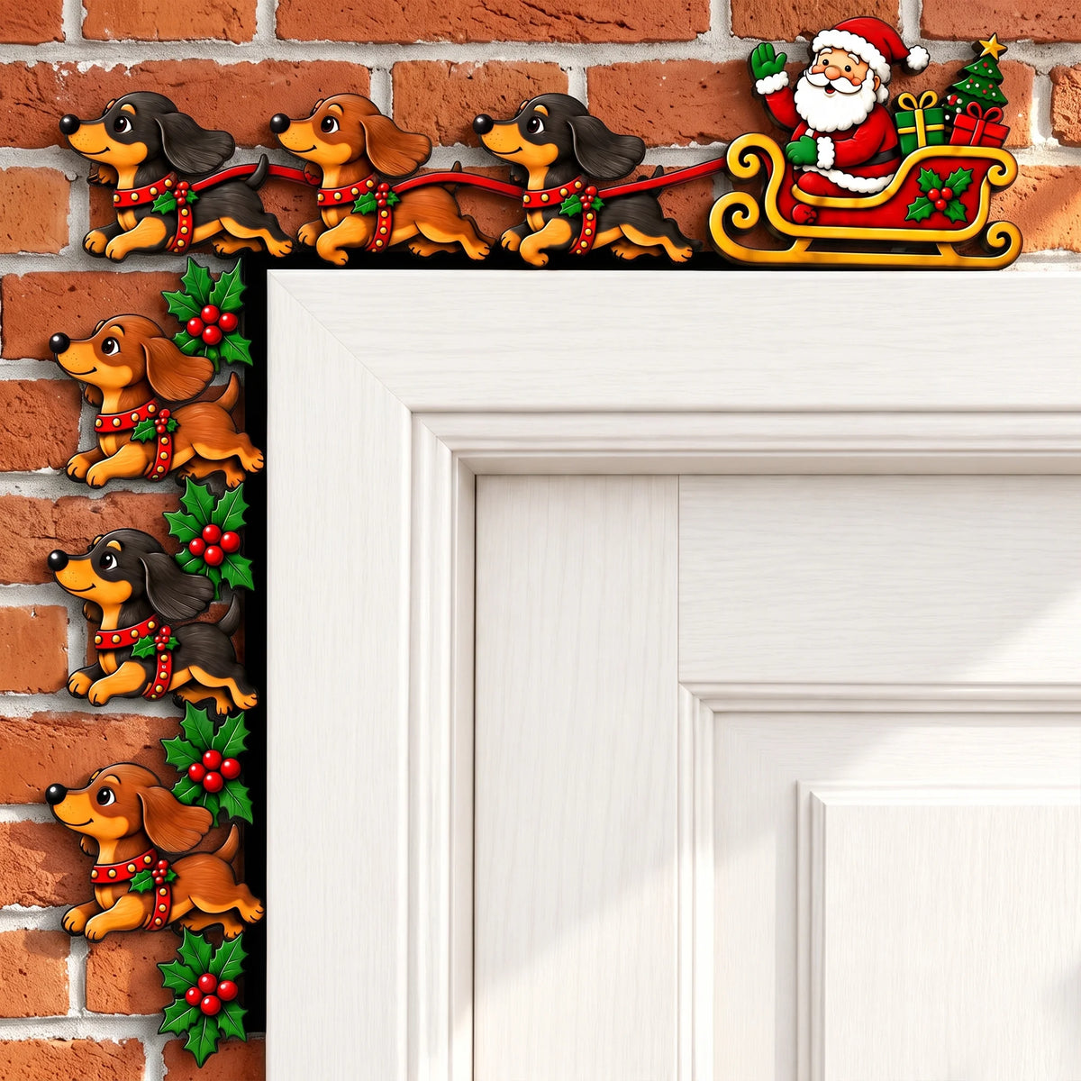 Santa Sleigh Dachshund Christmas Door Topper, Festive Wiener Dog Decor
