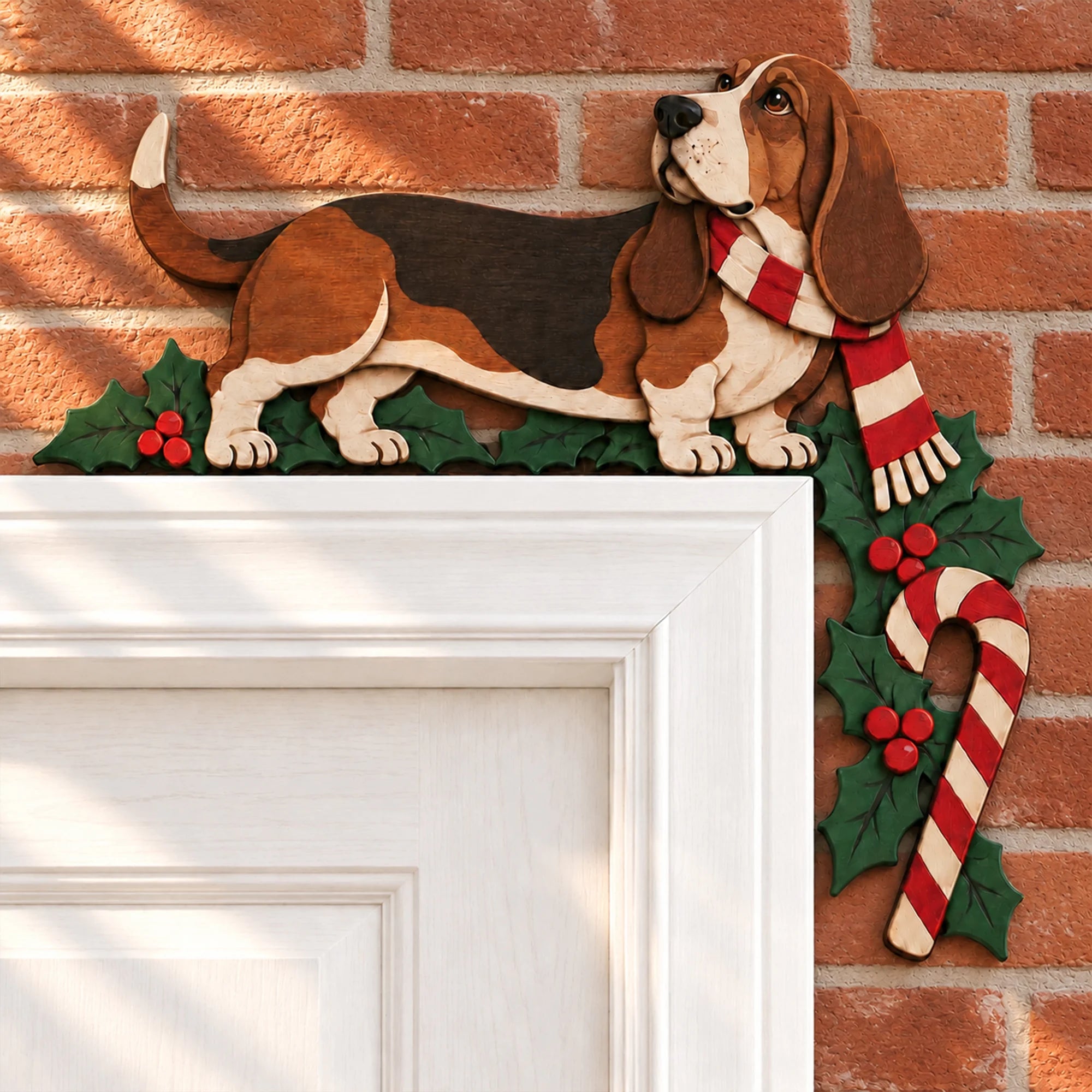 Christmas Basset Hound Wooden Door Topper, Layered Dog Corner Decor