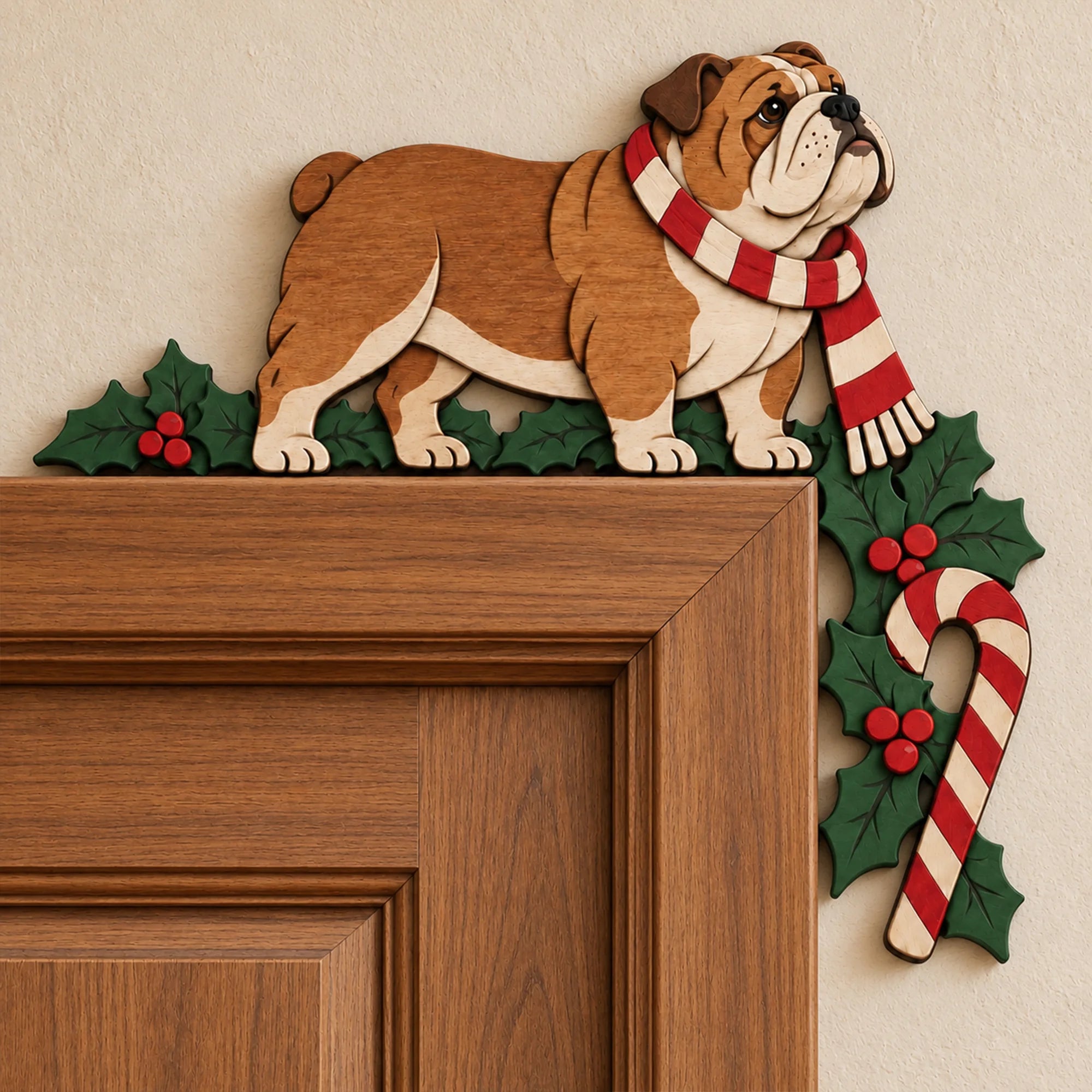 Christmas Bulldog Wooden Door Topper, Layered Dog Corner Decor