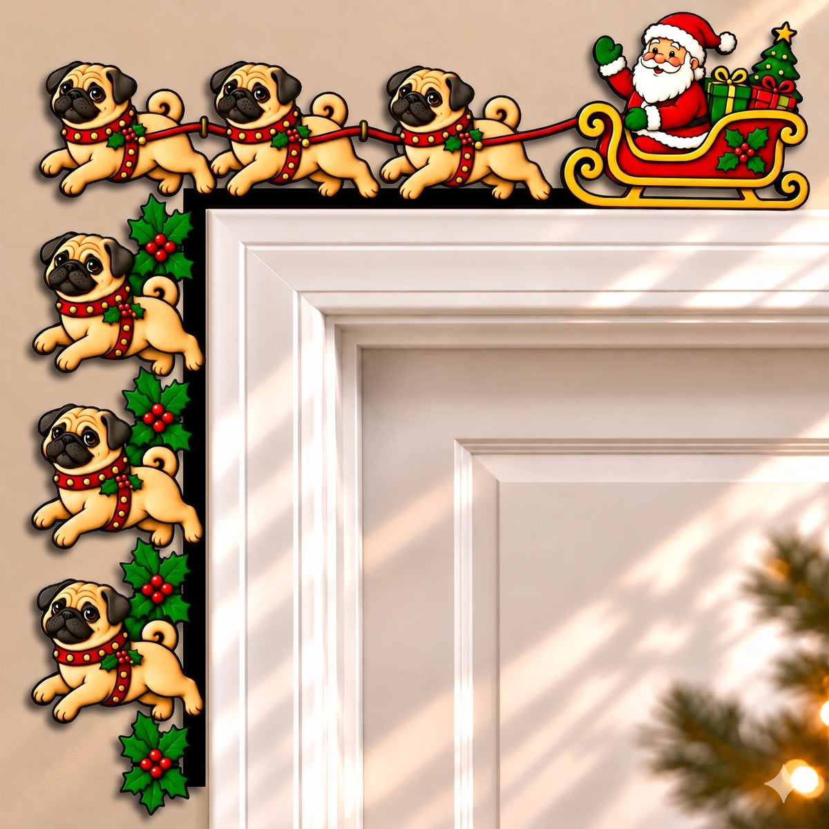 Christmas Pug Door Corner Topper, Santa Sleigh Dog Holiday Decor