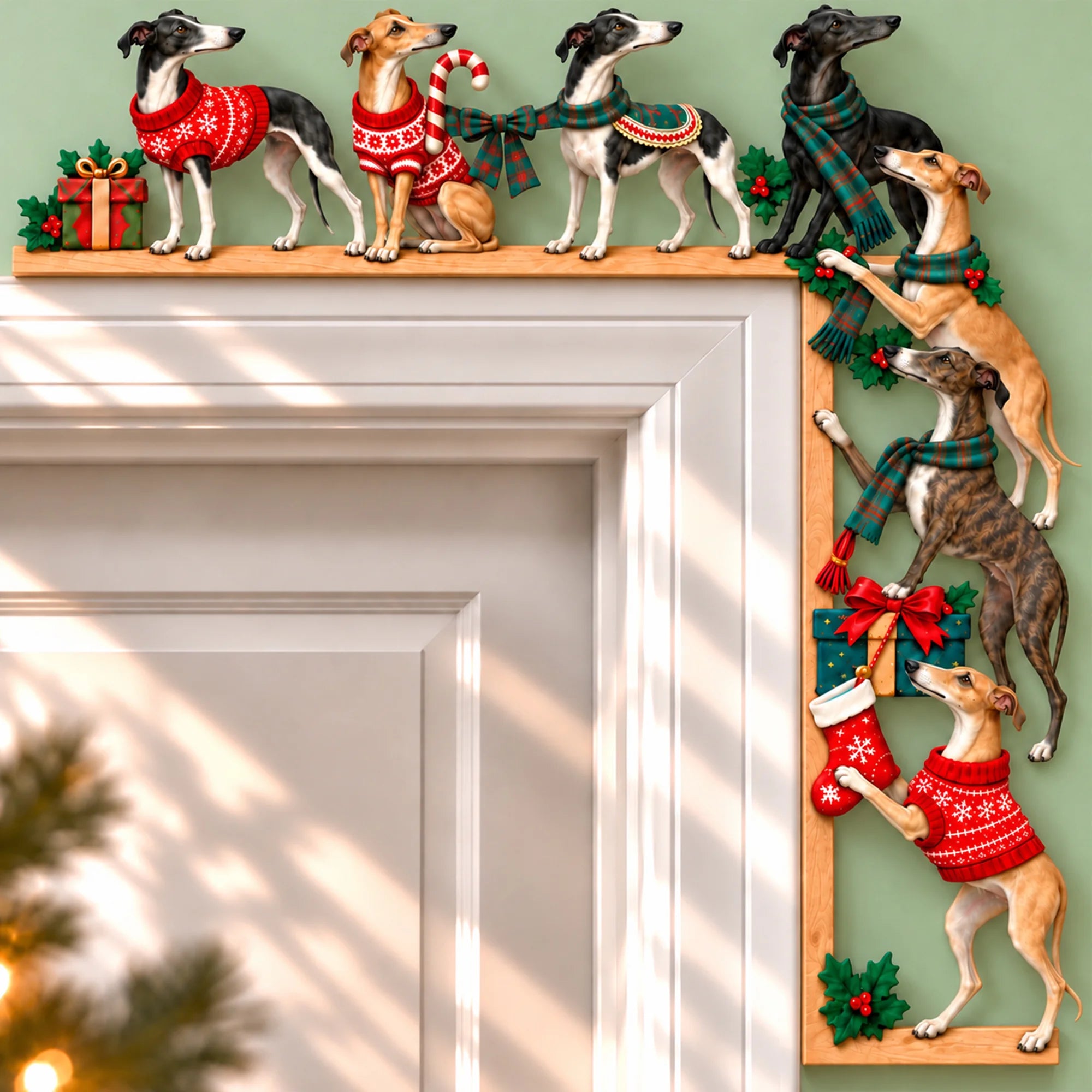 Greyhound Christmas Door Topper, Festive Dog Door Frame Decor