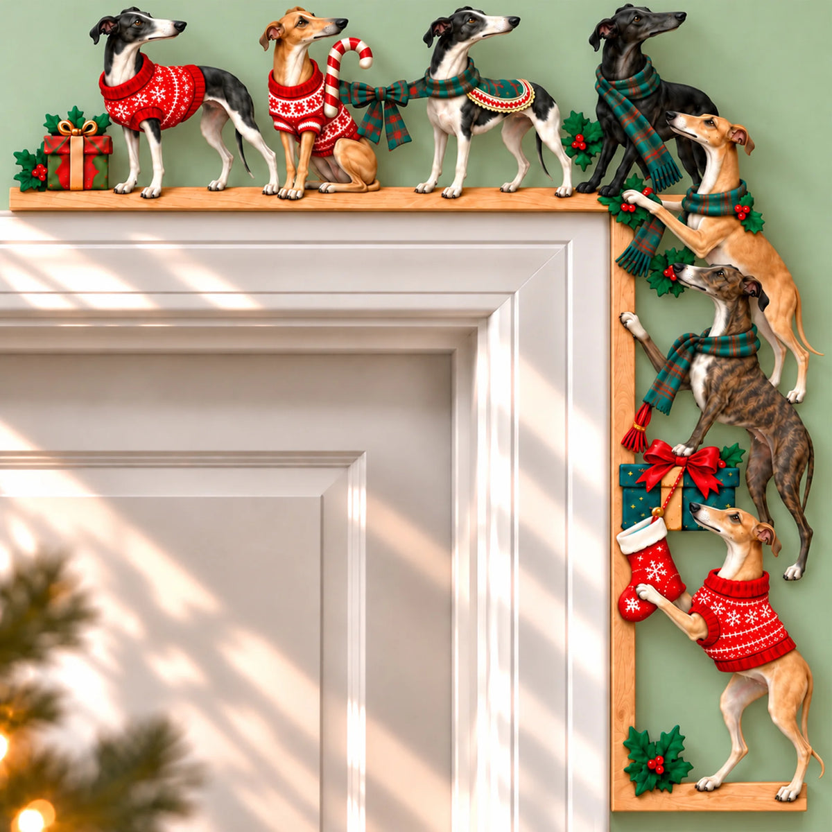 Greyhound Christmas Door Topper, Festive Dog Door Frame Decor