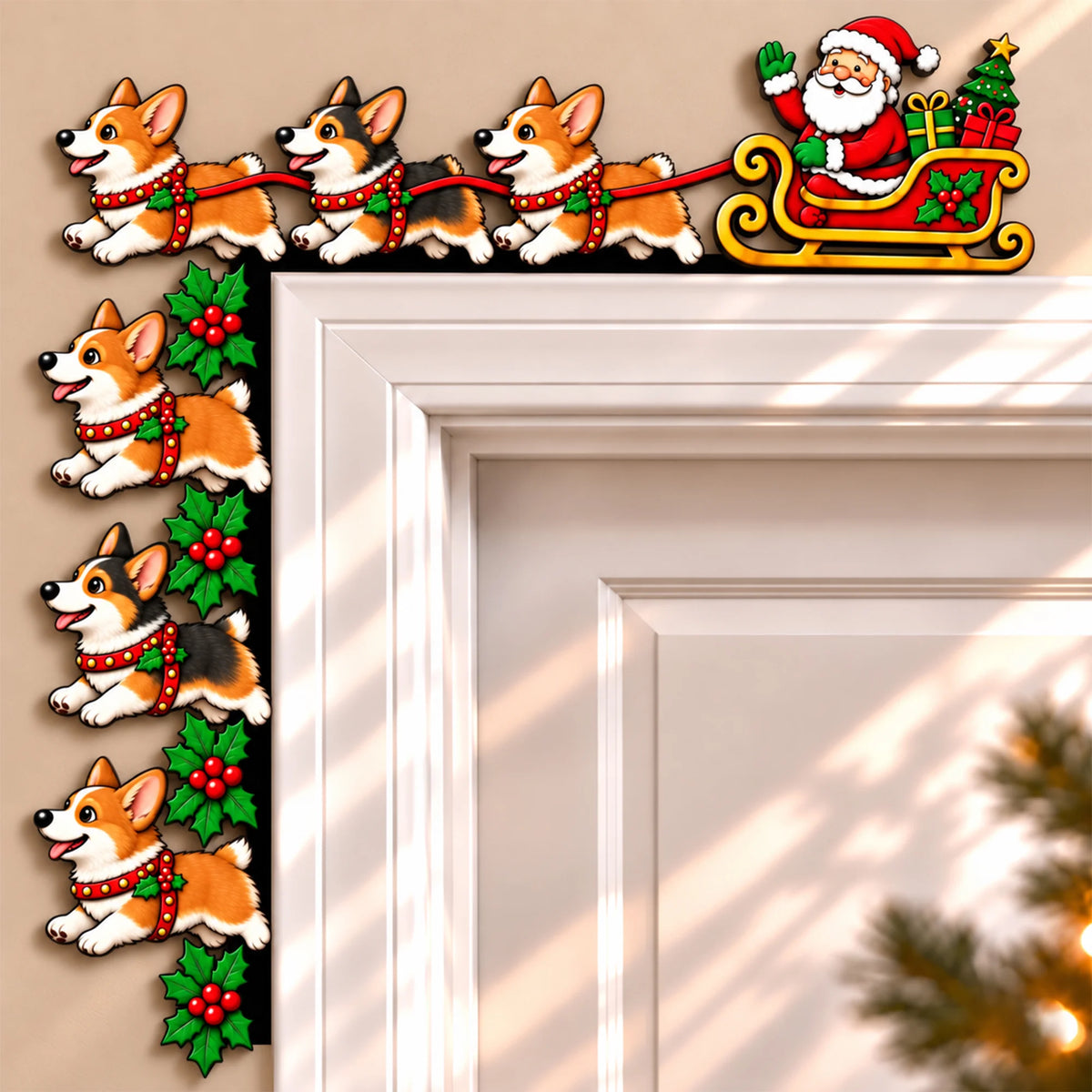 Santa Sleigh Corgi Christmas Door Topper, Festive Dog Decor