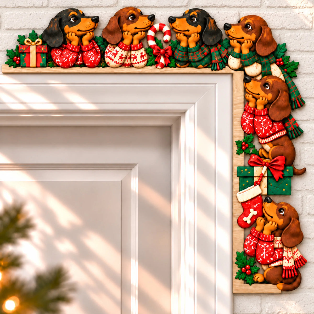 Festive Dachshund Christmas Door Frame Decor, Cute Wiener Dog Topper