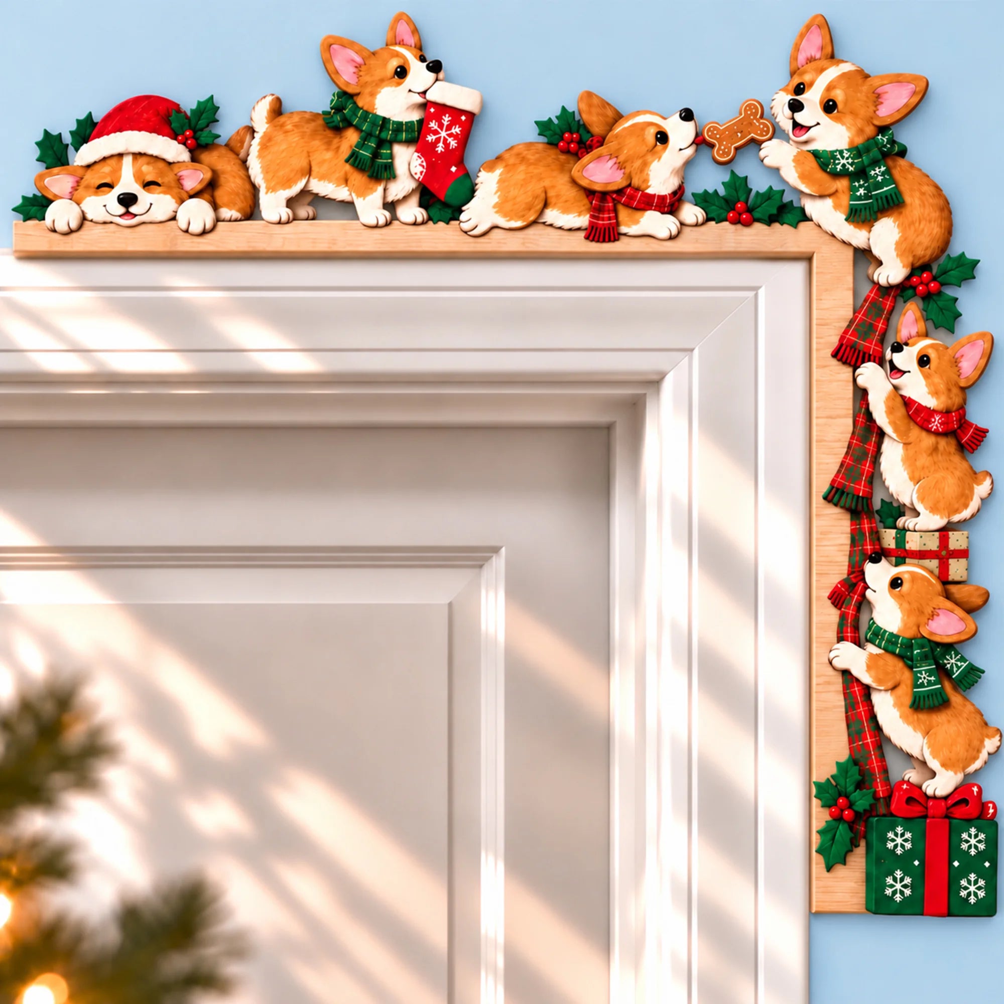 Corgi Christmas Door Topper, Peeking Dog Lover Holiday Corner Decor