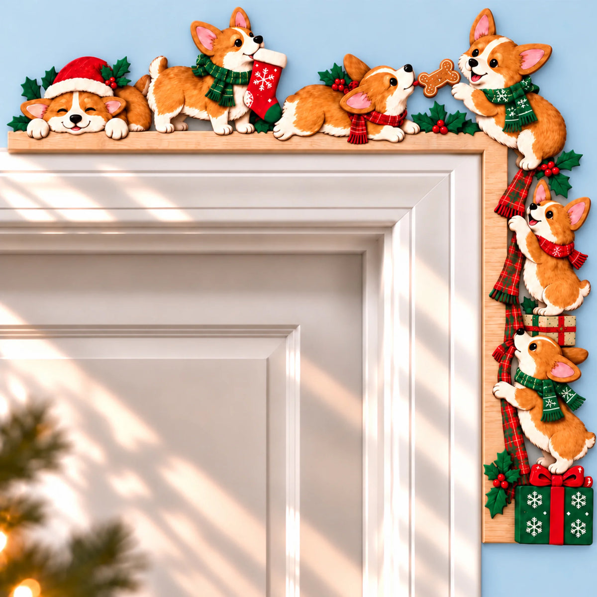 Corgi Christmas Door Topper, Peeking Dog Lover Holiday Corner Decor