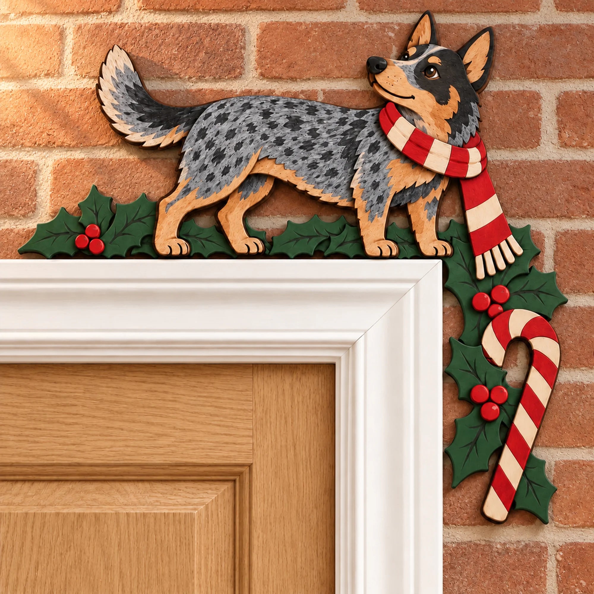 Christmas Heeler Wooden Door Topper, Layered Dog Corner Decor