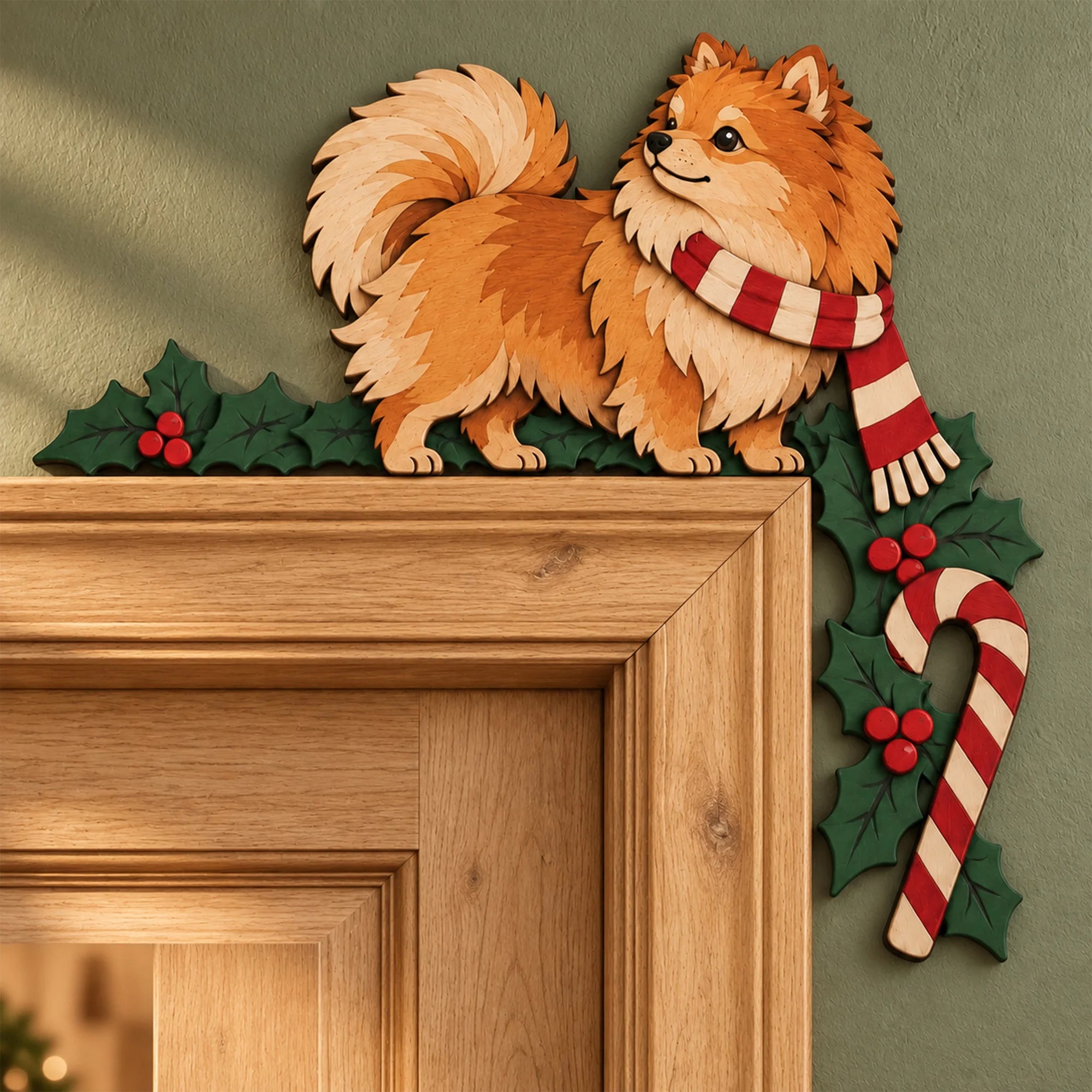 Christmas Pomeranian Wooden Door Topper, Layered Dog Corner Decor