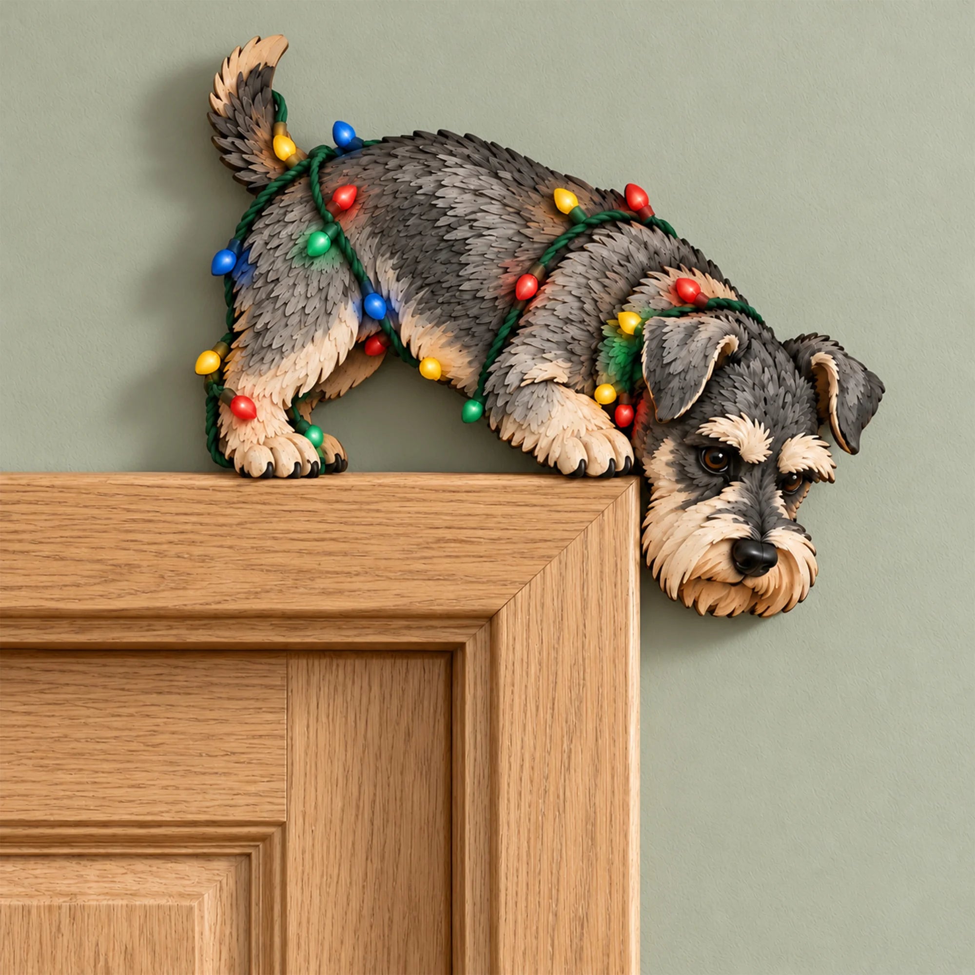 Peeking Wooden Dog Christmas Door Topper, Pet Lover Holiday Decor