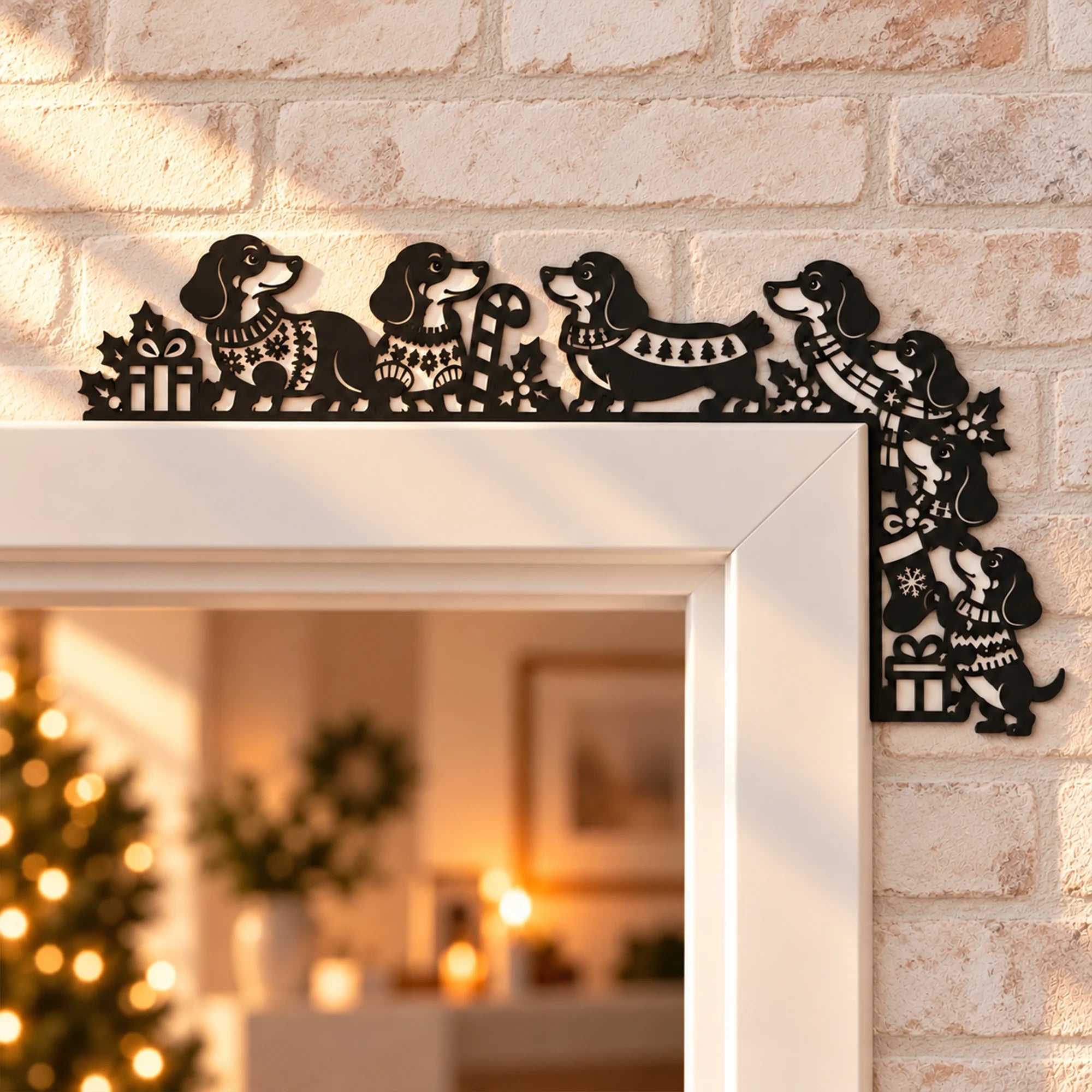 Dachshund Christmas Metal Door Topper, Festive Wiener Dog Frame Decor