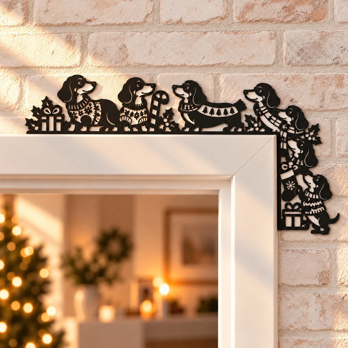 Dachshund Christmas Metal Door Topper, Festive Wiener Dog Frame Decor