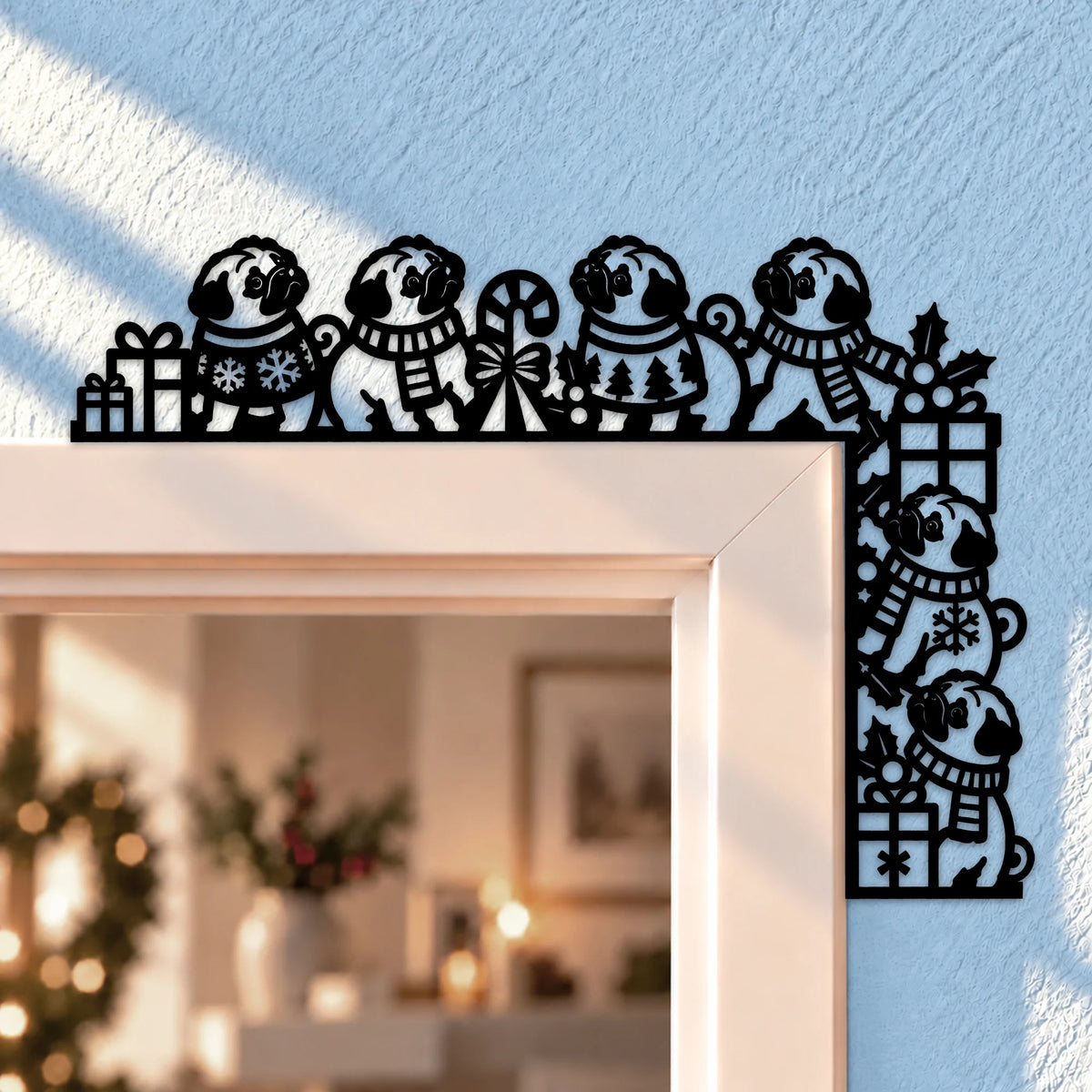 Pug Christmas Metal Door Topper, Festive Dog Door Frame Decor