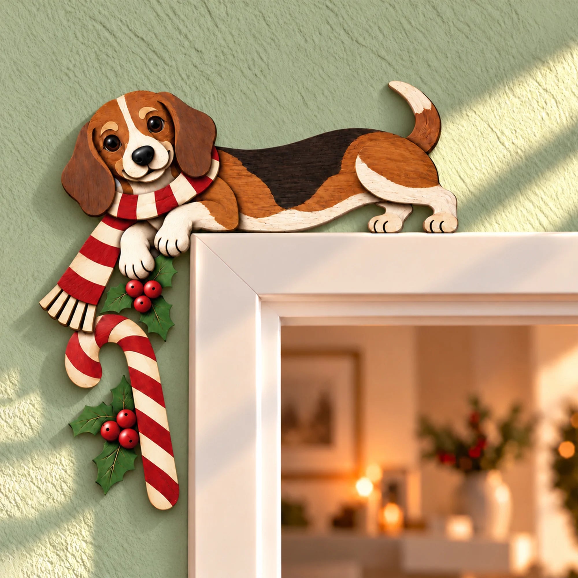 Christmas Beagle Wooden Door Topper, Layered Beagle Dog Corner Decor