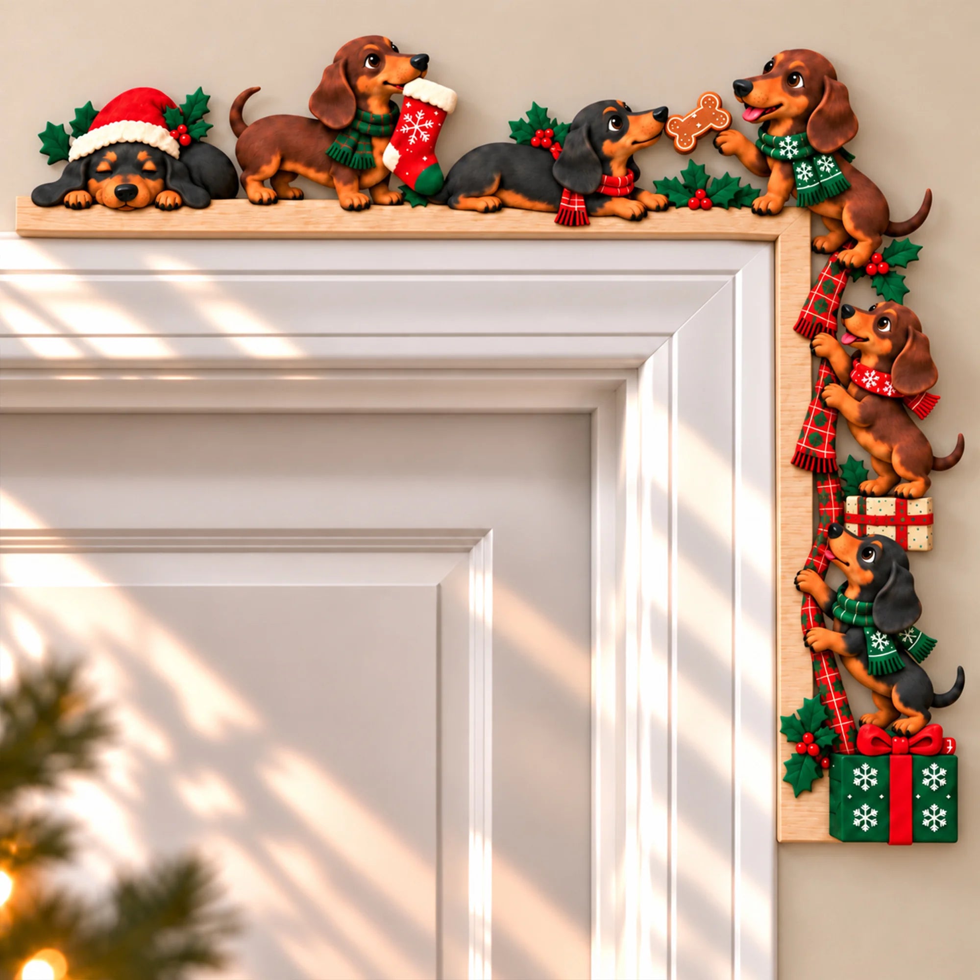 Dachshund Christmas Door Topper, Peeking Dog Lover Holiday Corner Decor