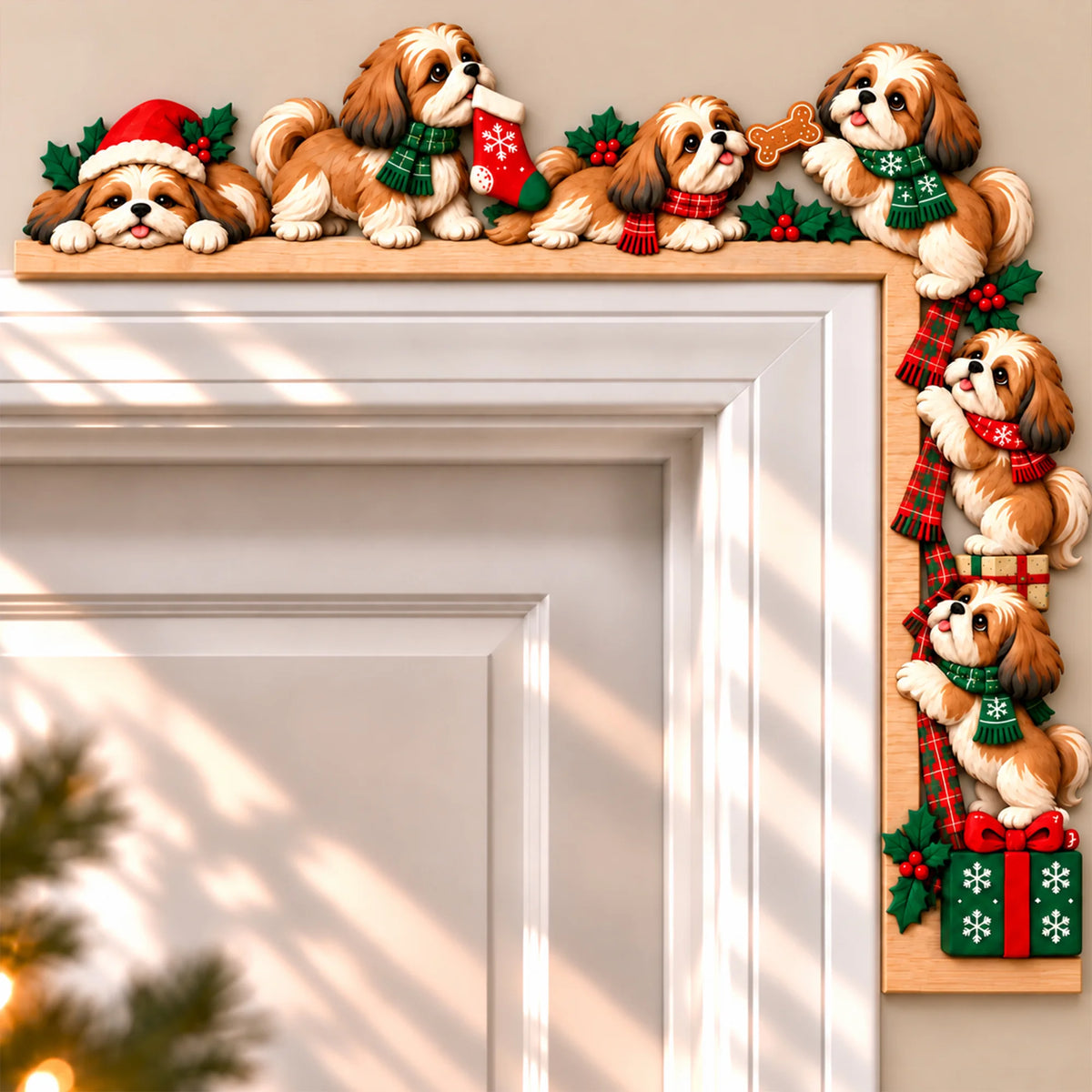 Shih Tzu Christmas Door Topper, Peeking Dog Lover Holiday Corner Decor