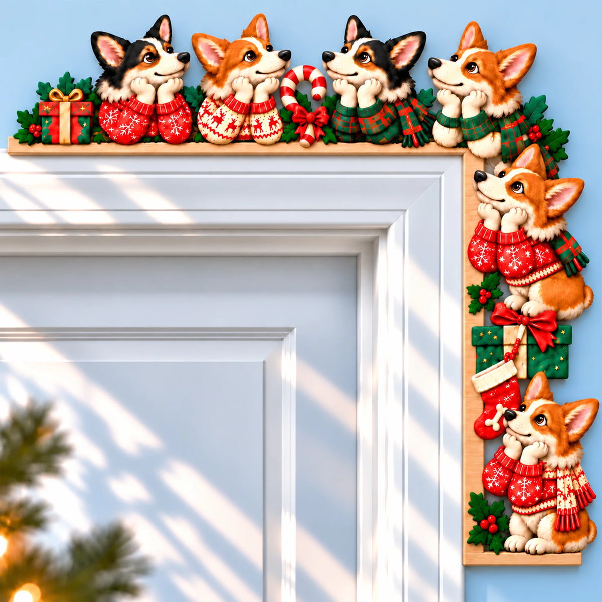 Festive Corgi Christmas Door Frame Decor, Cute Corgi Dog Topper