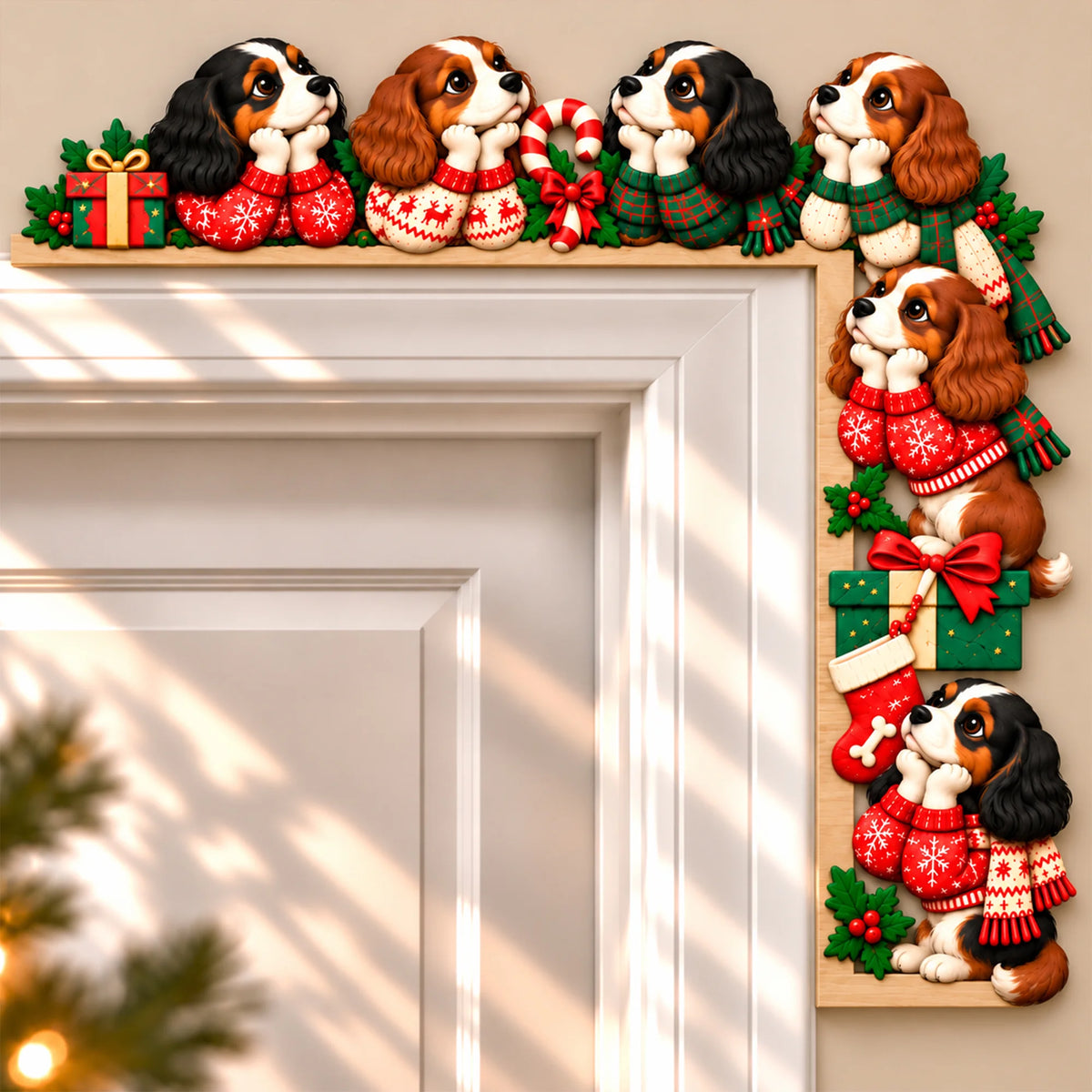 Festive Cavalier King Christmas Door Frame Decor, Cute Corgi Dog Topper