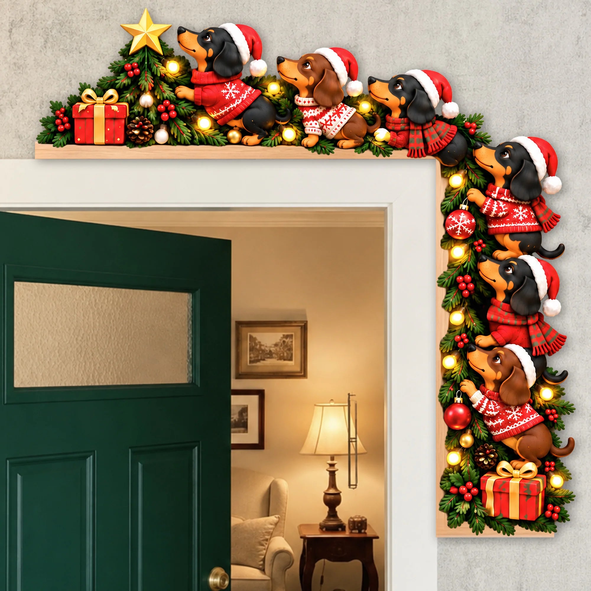 Christmas Dachshund Door Topper, Wooden Holiday Decor, Dog Lover Gift