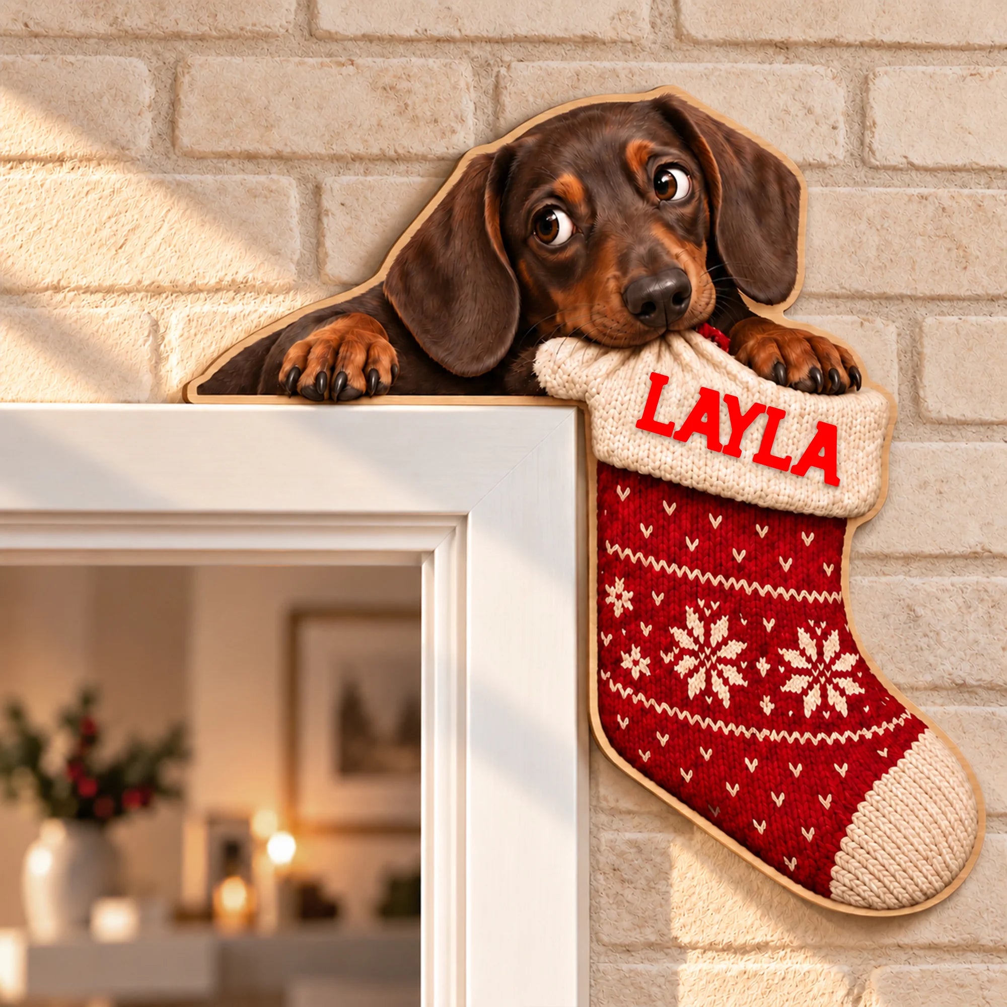 Christmas Dog Wooden Door Corner Sign, Dachshund Stocking Heist Decor