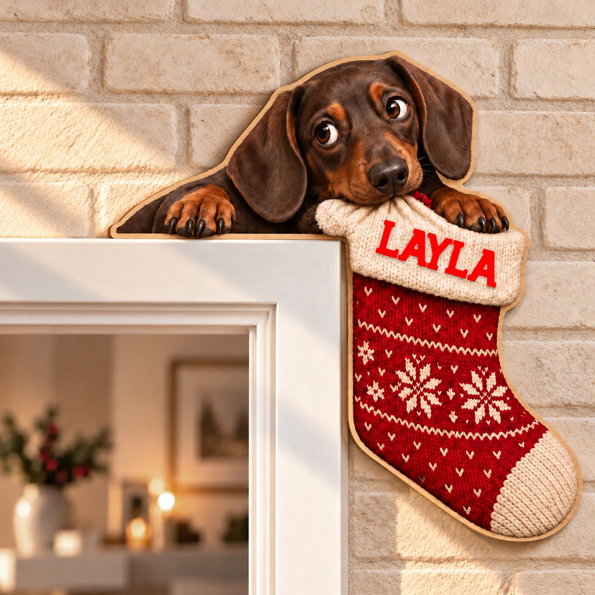 Christmas Dog Wooden Door Corner Sign, Dachshund Stocking Heist Decor