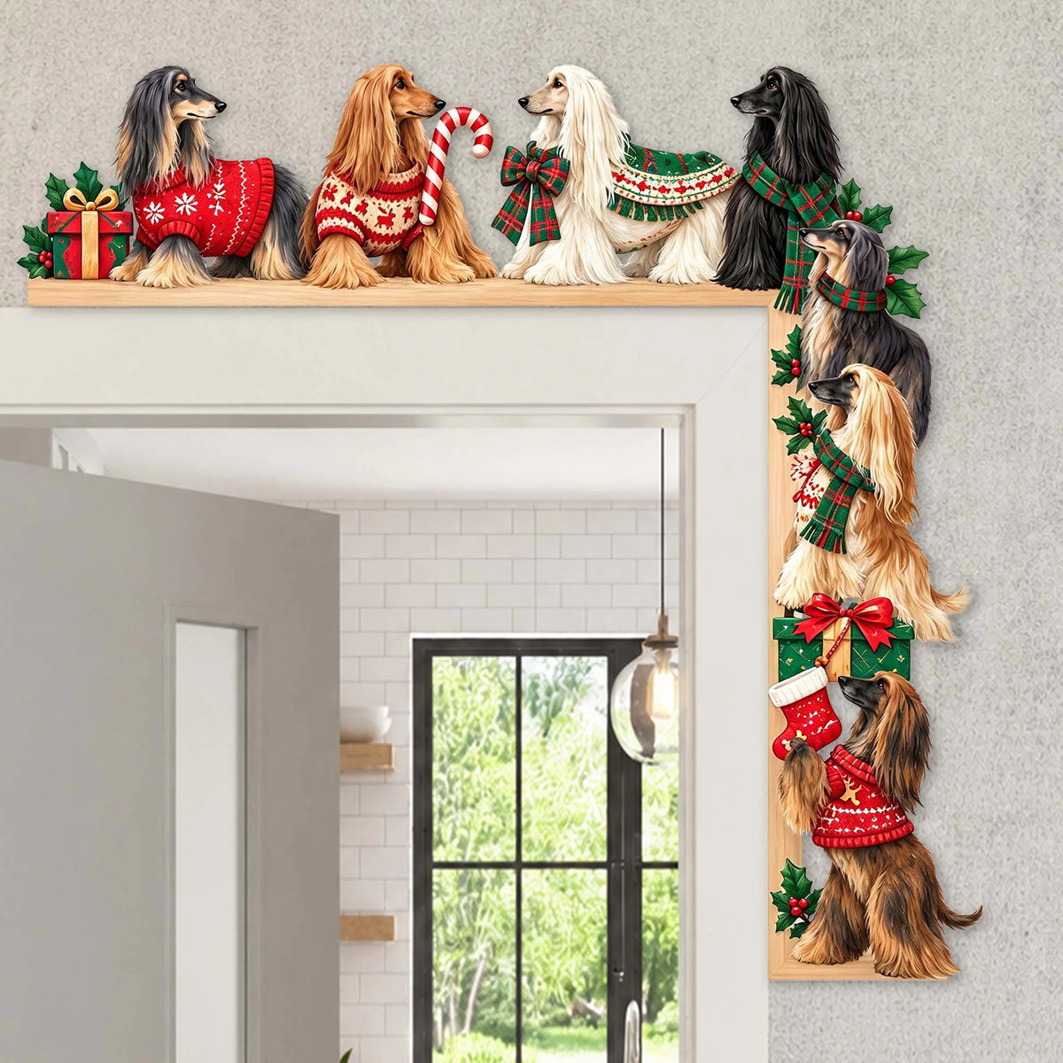 Afghan hound Christmas Door Topper, Festive Dog Door Frame Decor