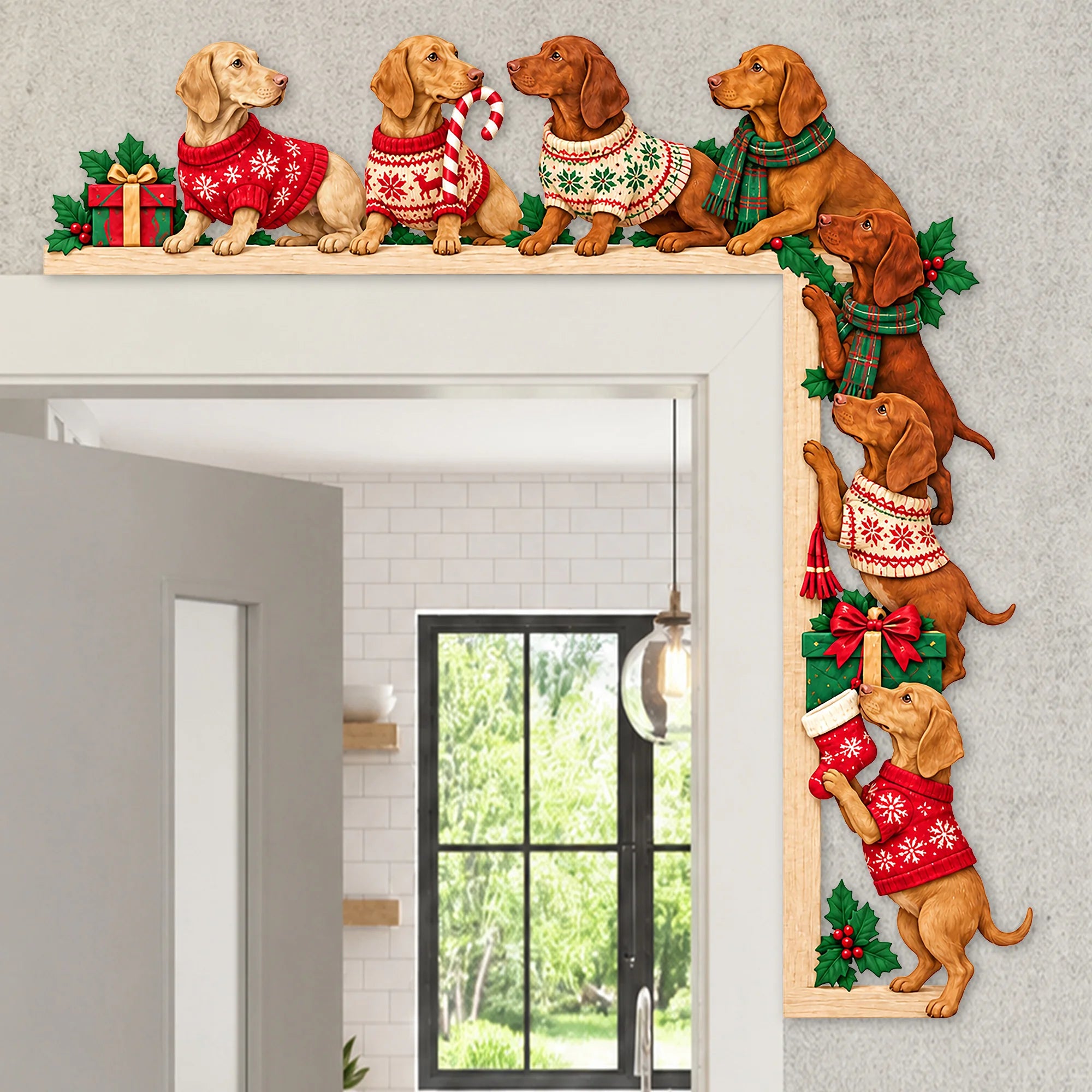 Vizsla Christmas Door Topper, Festive Dog Door Frame Decor