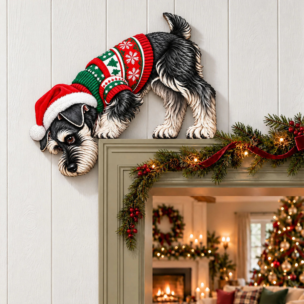 Peeking Dog Wooden Christmas Door Topper, Farmhouse Pet Lover Gift