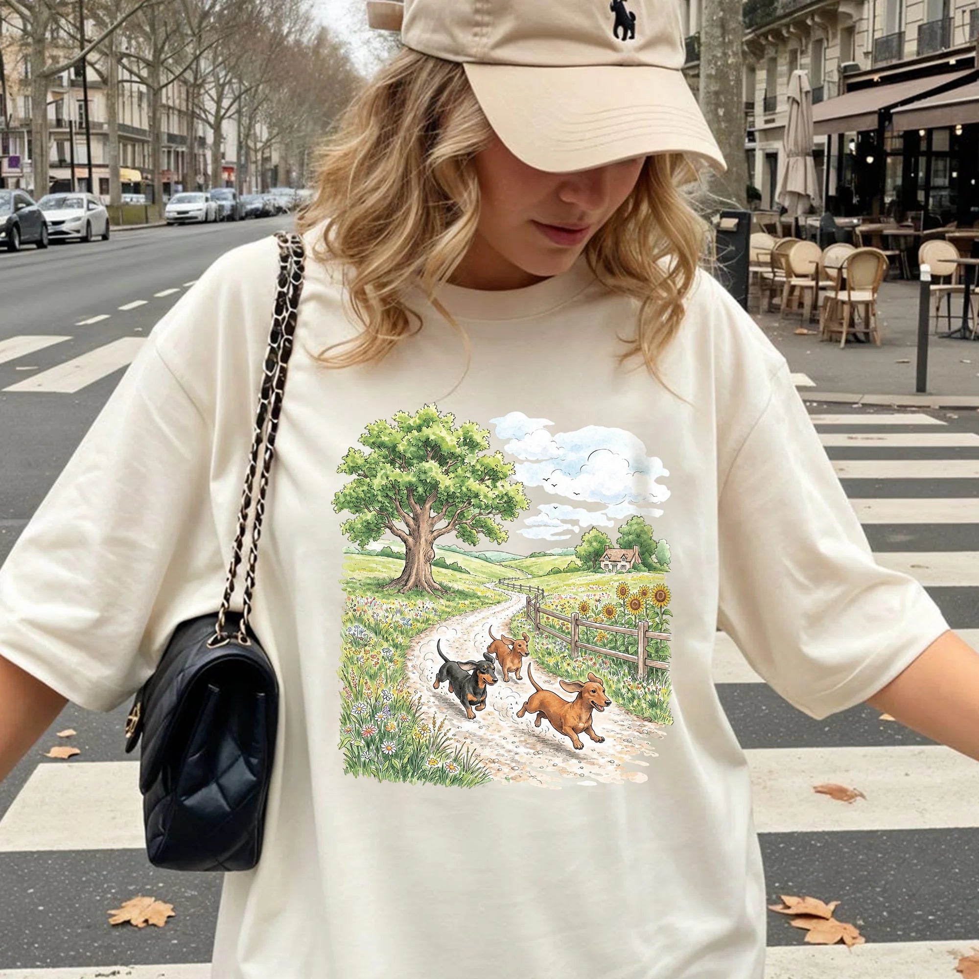 Vintage Running Dachshunds Tee, Rustic Western Countryside Weenie Lover Gift
