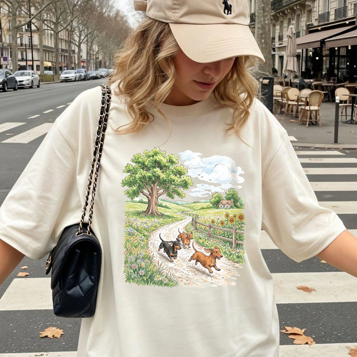 Vintage Running Dachshunds Tee, Rustic Western Countryside Weenie Lover Gift