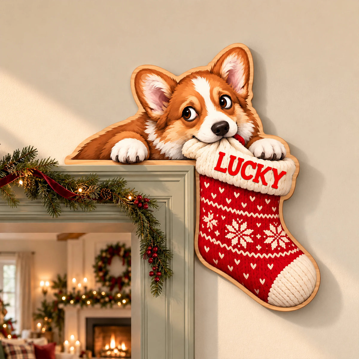 Christmas Dog Wooden Door Corner Sign, Corgi Stocking Heist Decor